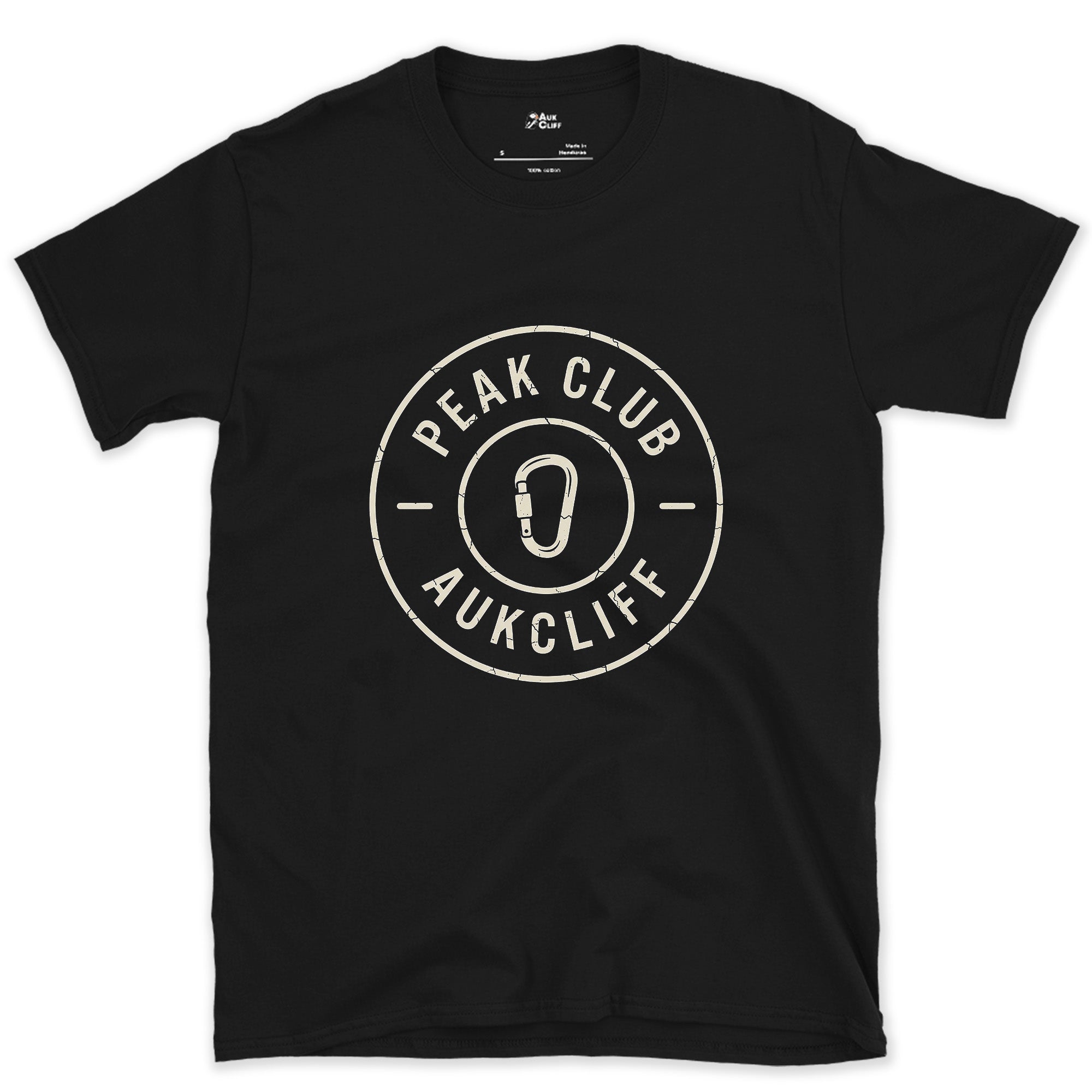 From Harness to Badge, Carabiner Crest design on a Black Gildan Softstyle t-shirt