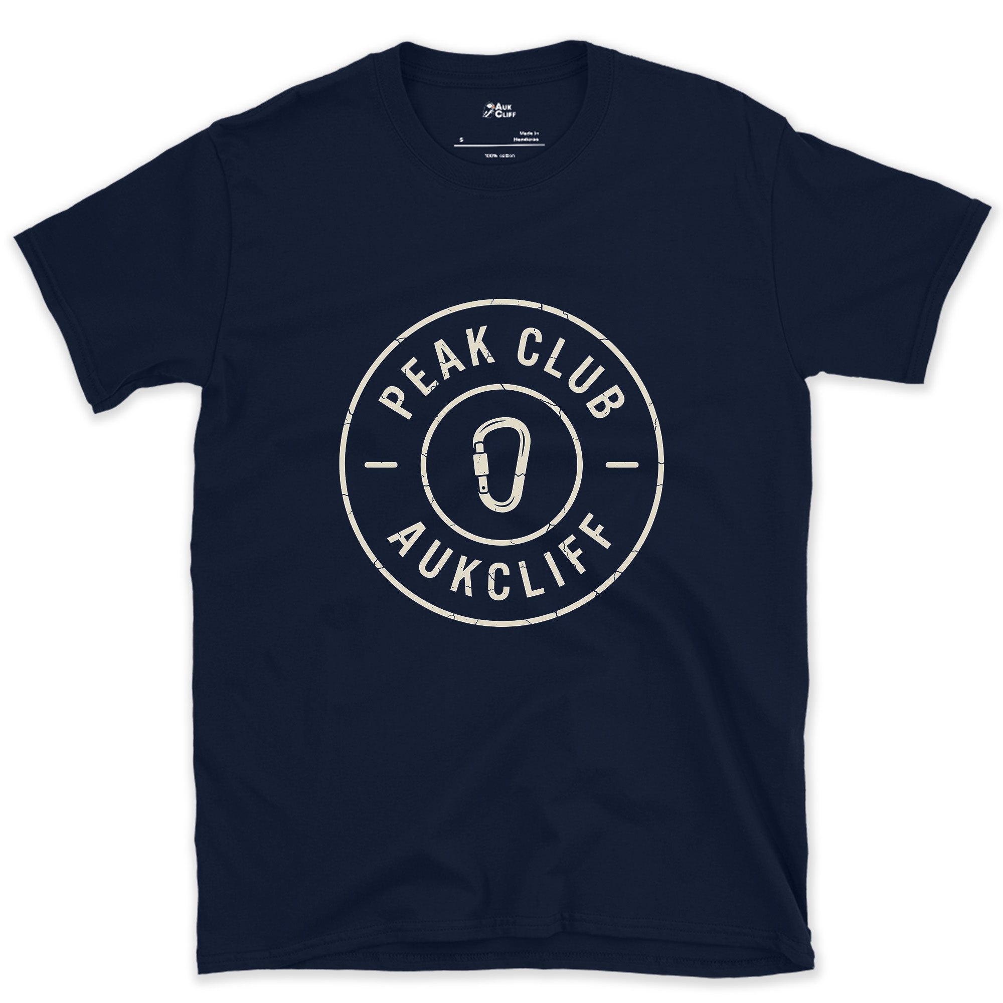 From Harness to Badge, Carabiner Crest design on a Navy Gildan Softstyle t-shirt