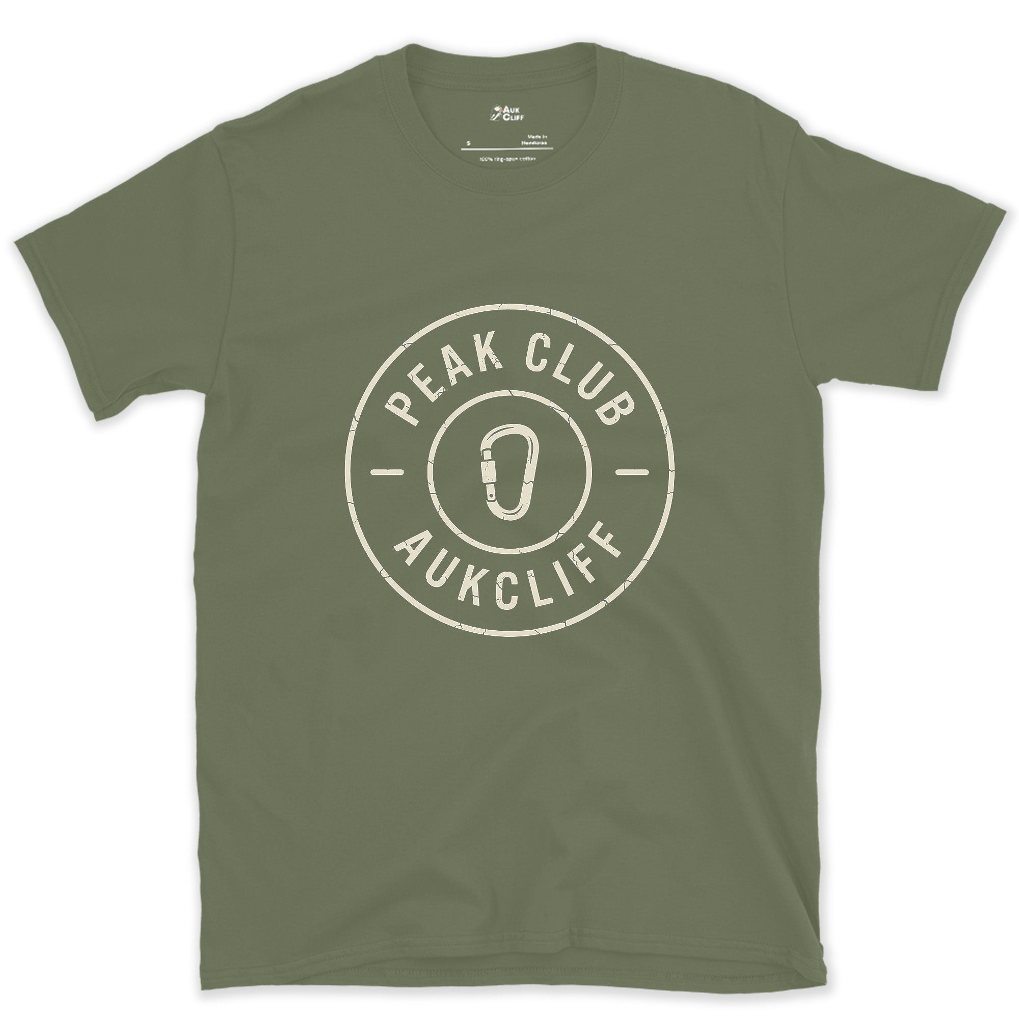 From Harness to Badge, Carabiner Crest design on a Military Green Gildan Softstyle t-shirt