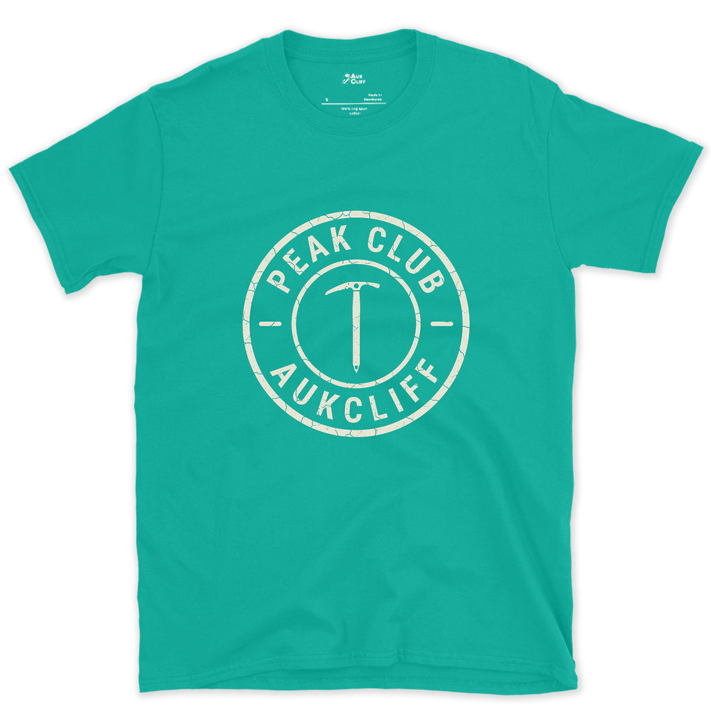 Stamped Like a Benchmark, Ice Axe Badge design on a Jade Dome Gildan Softstyle t-shirt