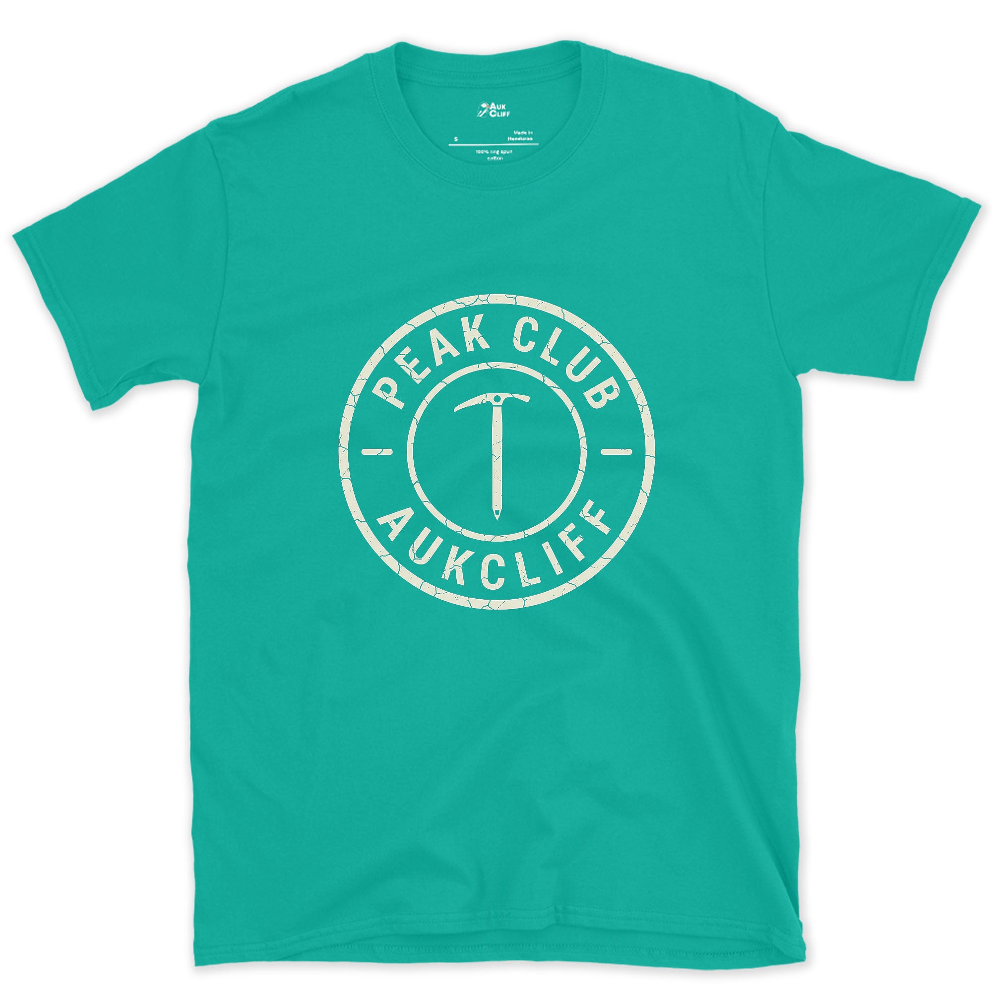 Stamped Like a Benchmark, Ice Axe Badge design on a Jade Dome Gildan Softstyle t-shirt