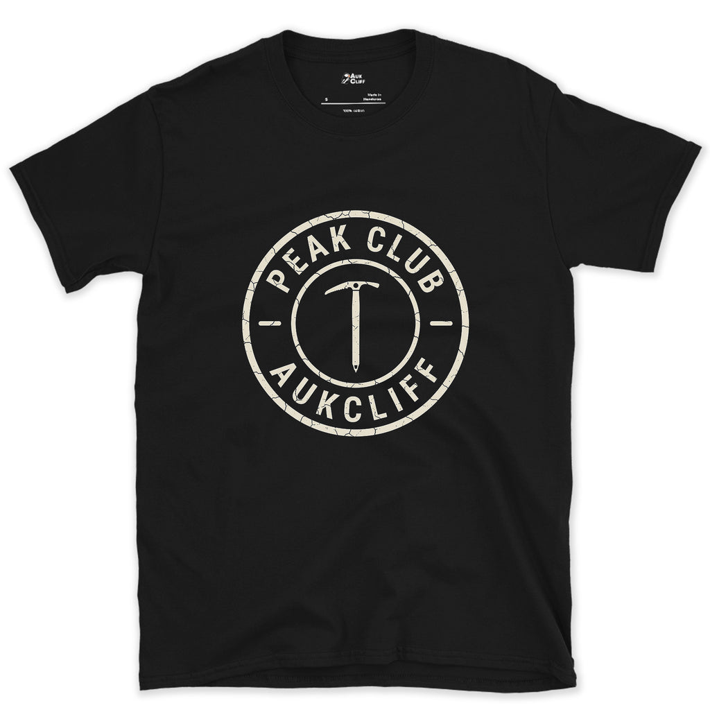 Stamped Like a Benchmark, Ice Axe Badge design on a Black Gildan Softstyle t-shirt