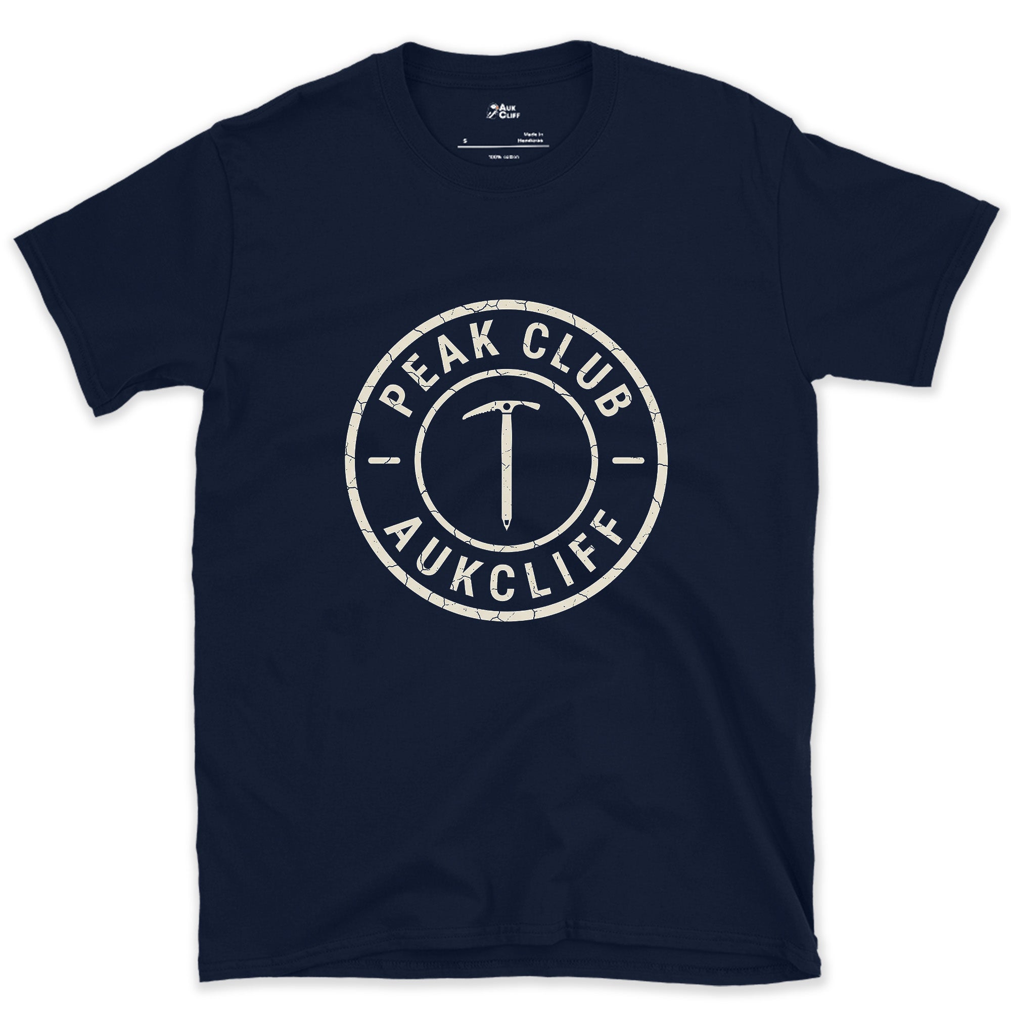 Stamped Like a Benchmark, Ice Axe Badge design on a Navy Gildan Softstyle t-shirt