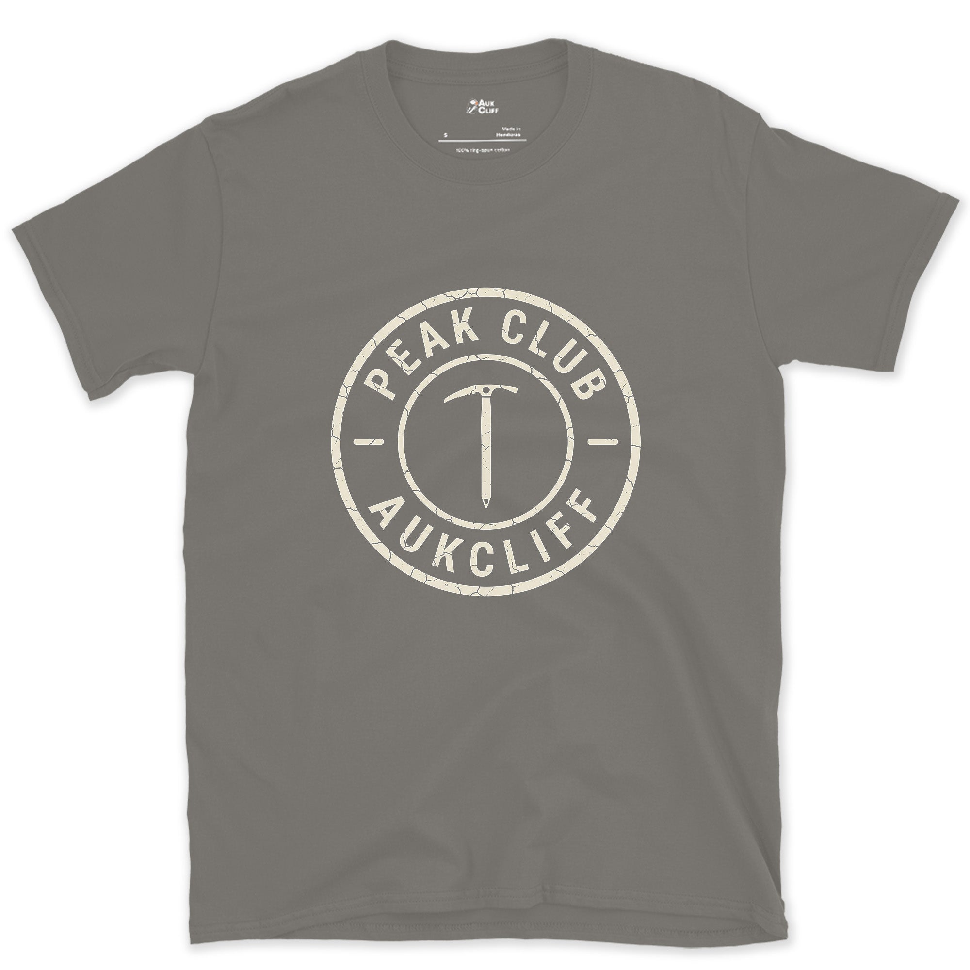 Stamped Like a Benchmark, Ice Axe Badge design on a Charcoal Gildan Softstyle t-shirt
