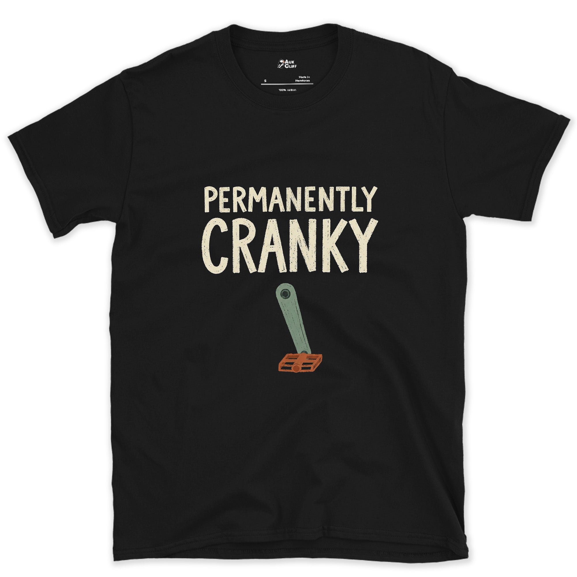 Permanently Cranky Bike Crank Arm design on a Black Gildan Softstyle t-shirt