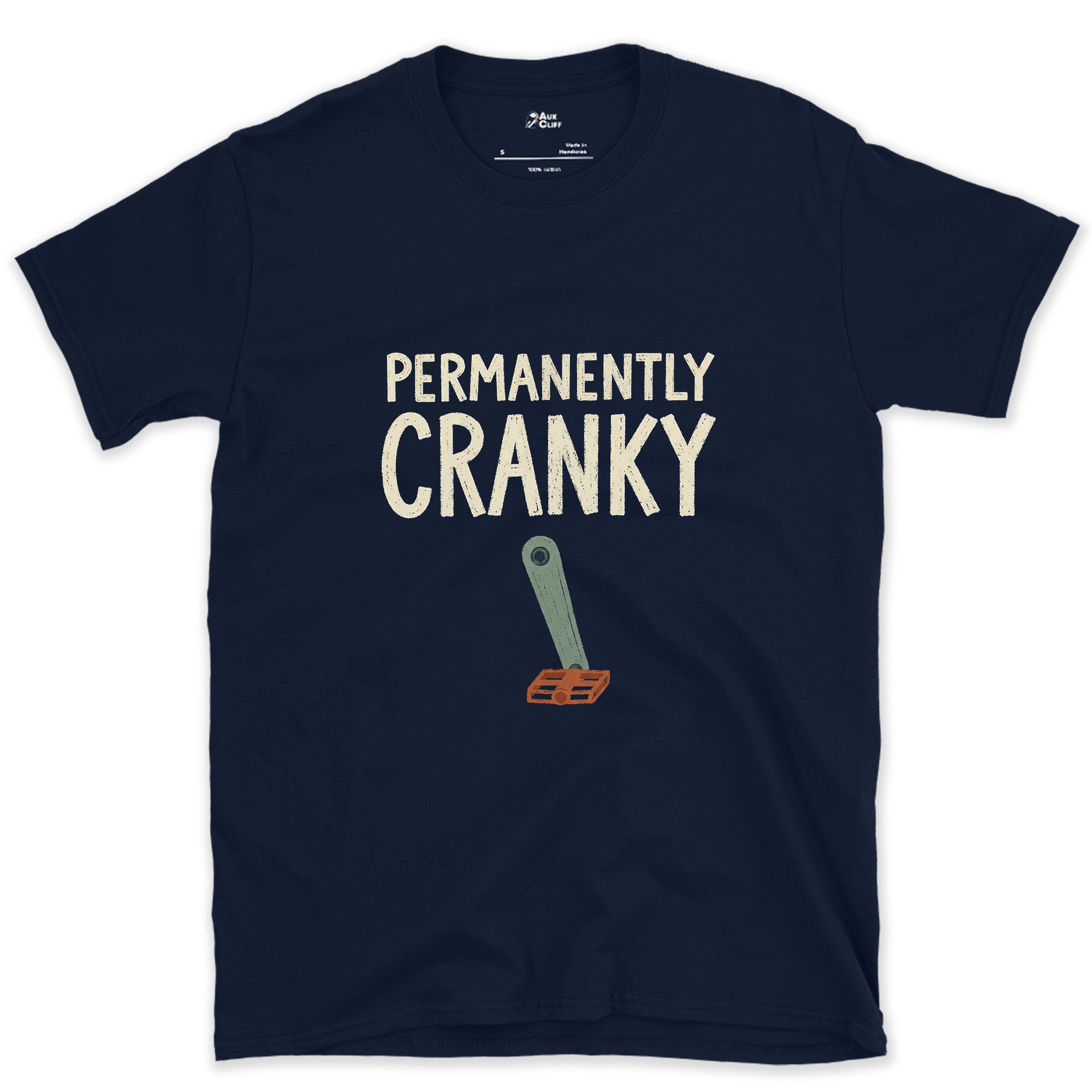 Permanently Cranky Bike Crank Arm design on a Navy Gildan Softstyle t-shirt