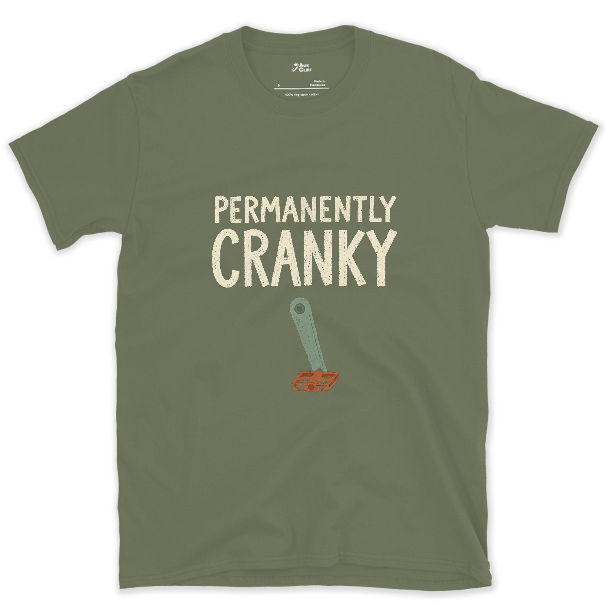 Permanently Cranky Bike Crank Arm design on a Military Green Gildan Softstyle t-shirt