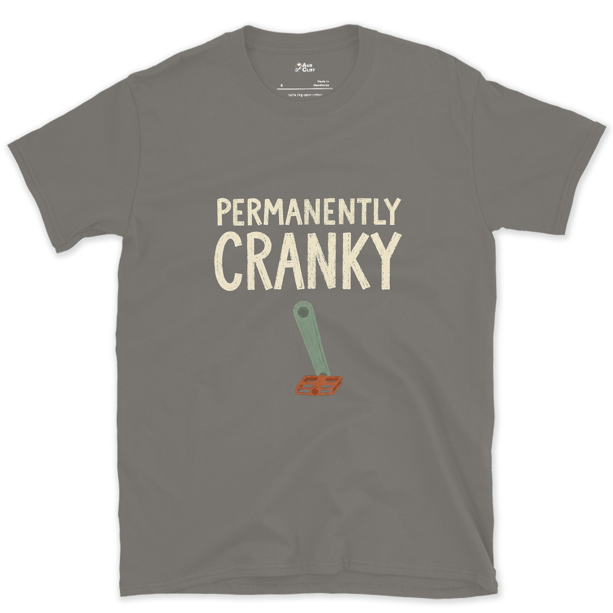 Permanently Cranky Bike Crank Arm design on a Charcoal Gildan Softstyle t-shirt