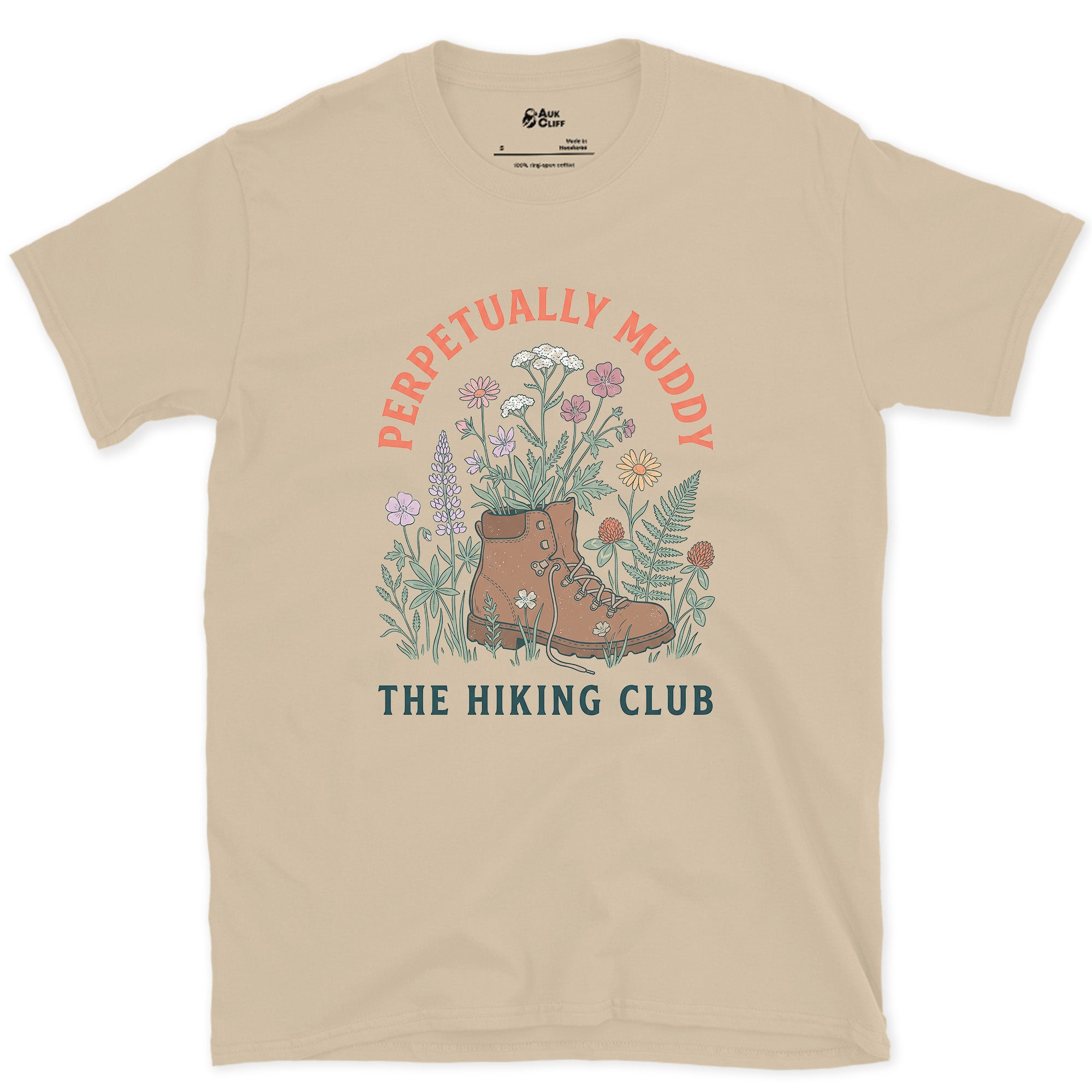 Perpetually Muddy, Wildflower Boot design on a Sand Gildan Softstyle t-shirt