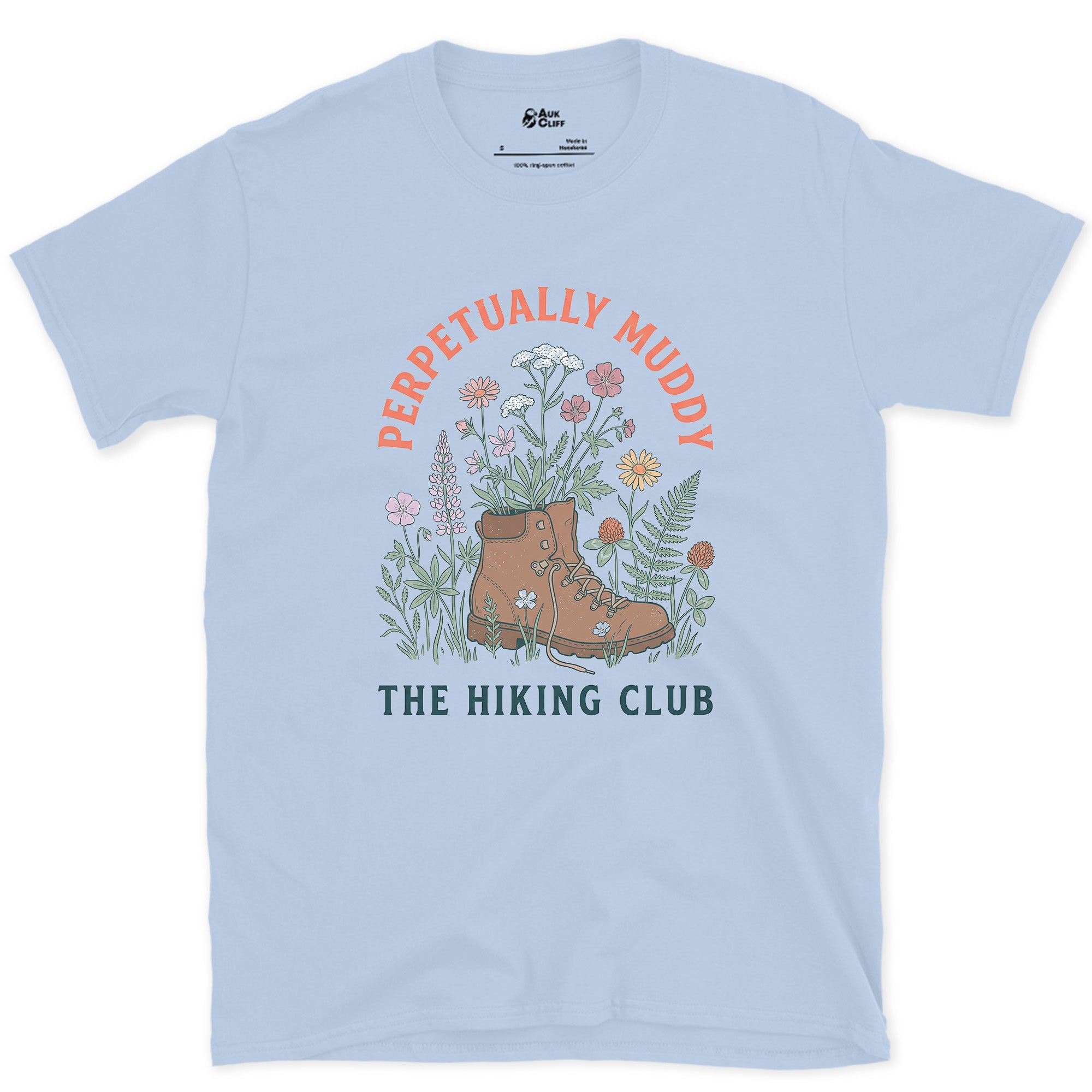 Perpetually Muddy, Wildflower Boot design on a Light Blue Gildan Softstyle t-shirt