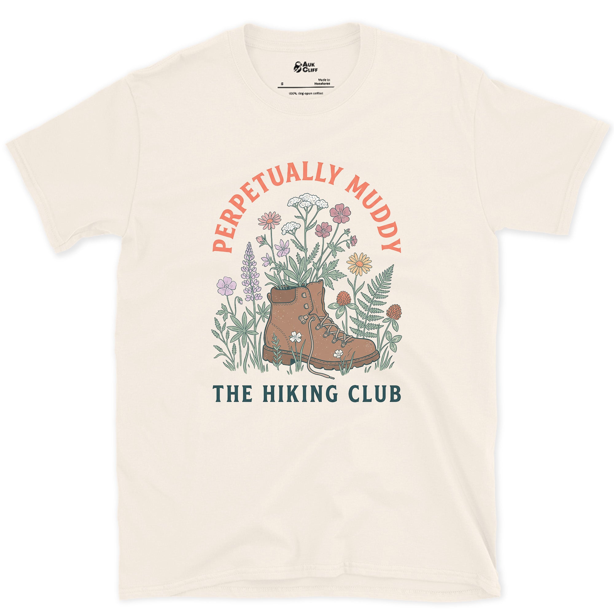 Perpetually Muddy, Wildflower Boot design on a Natural Gildan Softstyle t-shirt