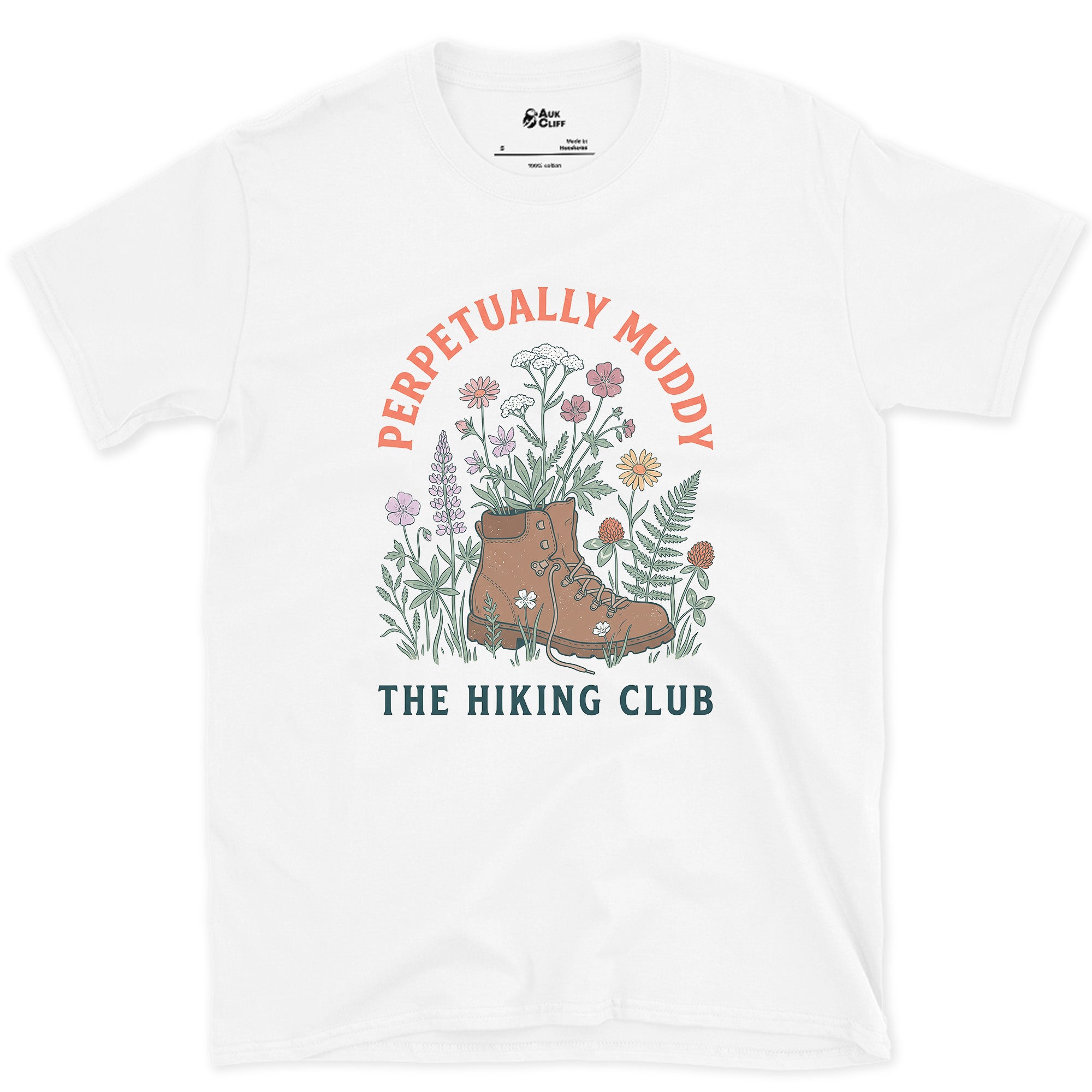 Perpetually Muddy, Wildflower Boot design on a White Gildan Softstyle t-shirt