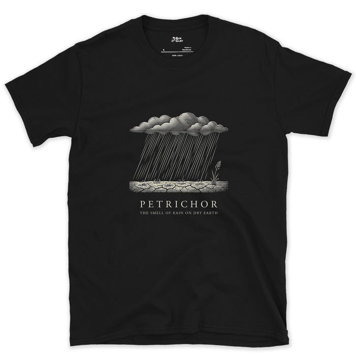 Petrichor, the Smell of Rain on Dry Earth design on a Black Gildan Softstyle t-shirt
