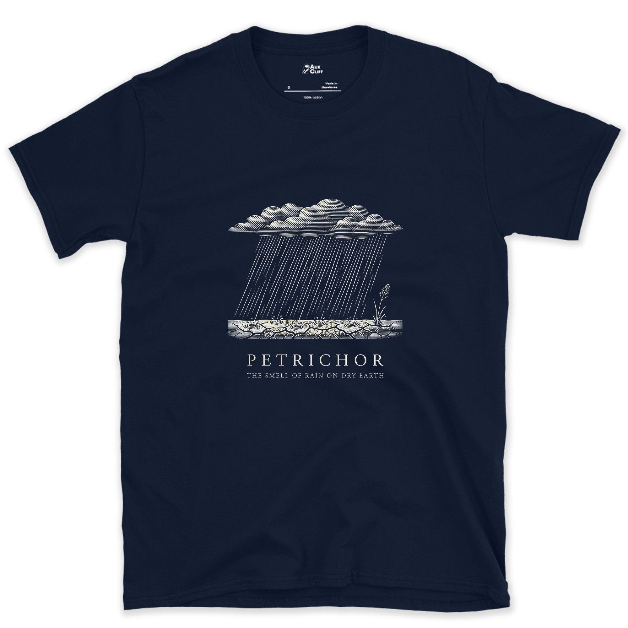 Petrichor, the Smell of Rain on Dry Earth design on a Navy Gildan Softstyle t-shirt