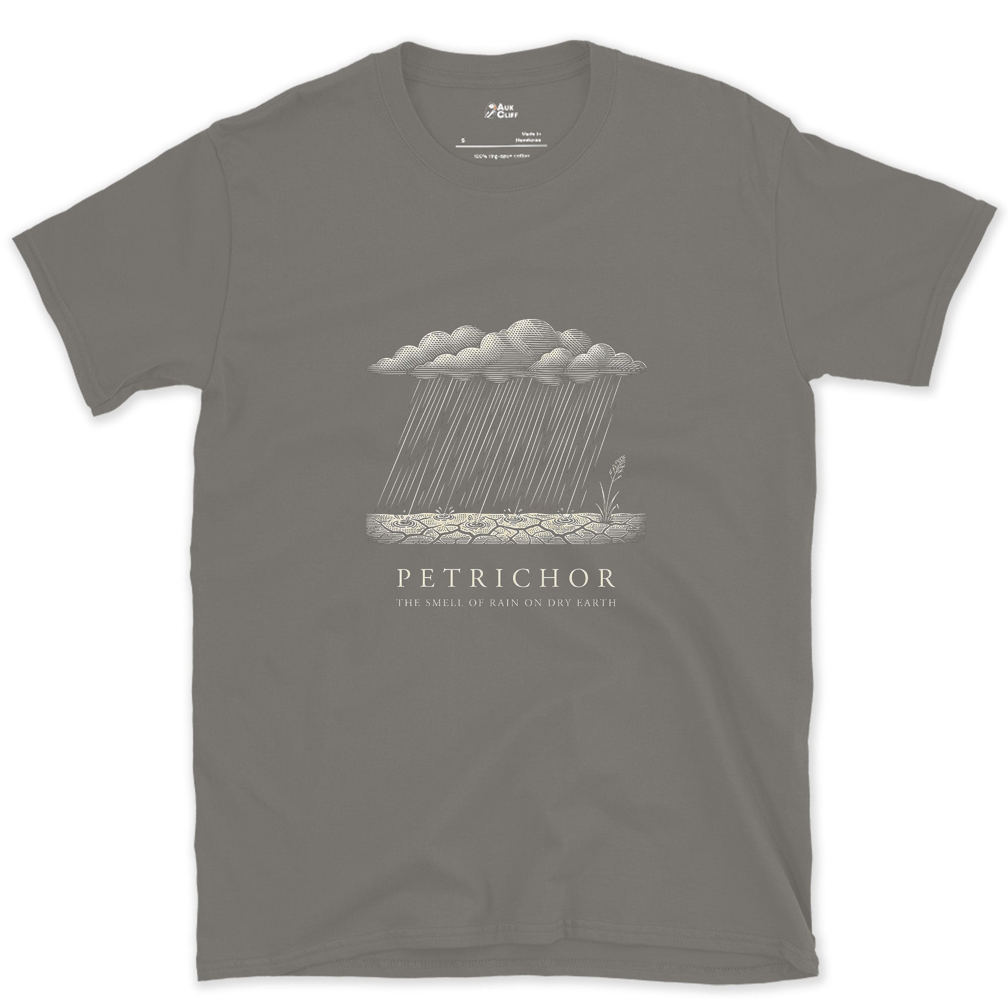 Petrichor, the Smell of Rain on Dry Earth design on a Charcoal Gildan Softstyle t-shirt