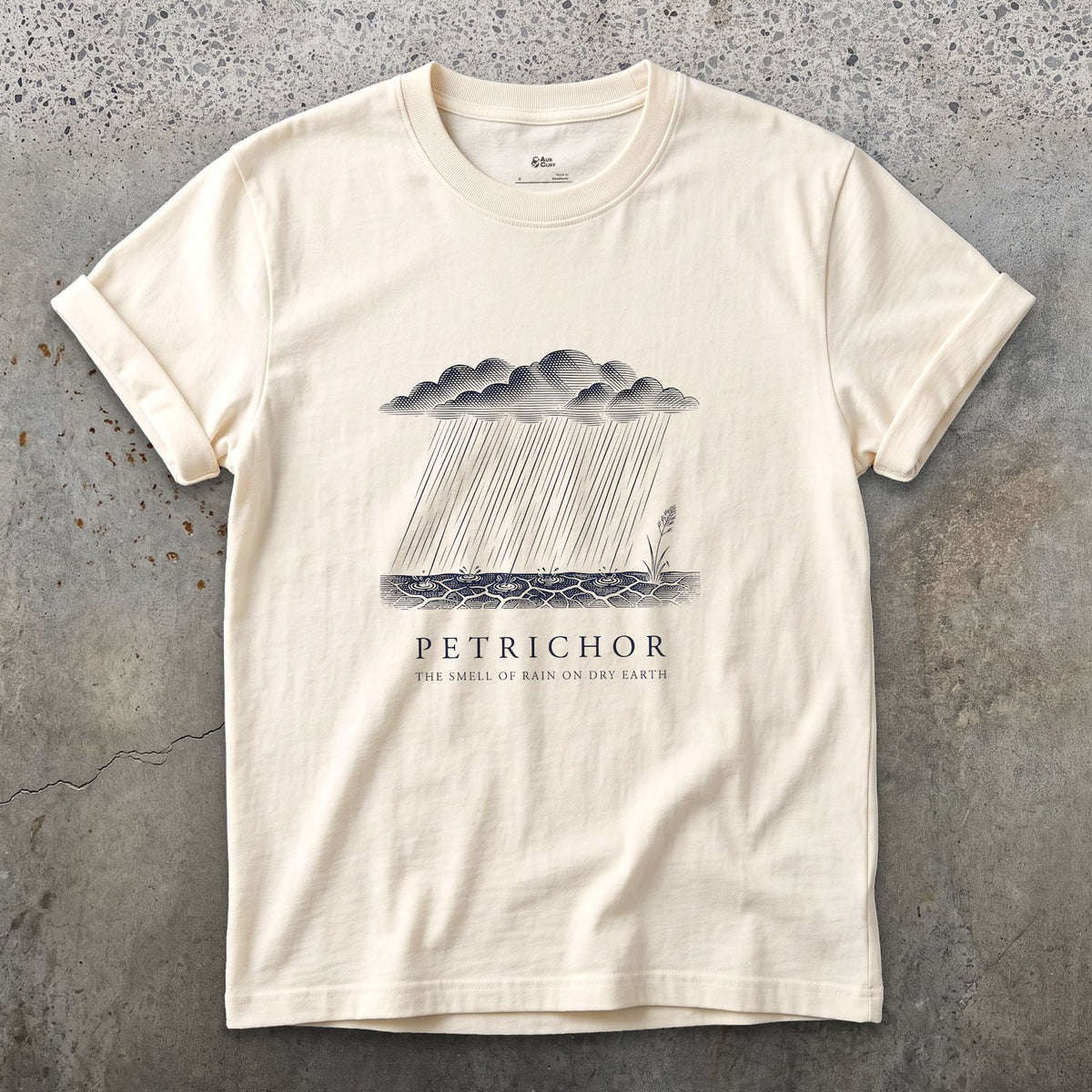 Petrichor, the Smell of Rain on Dry Earth design on a Natural Gildan Softstyle t-shirt