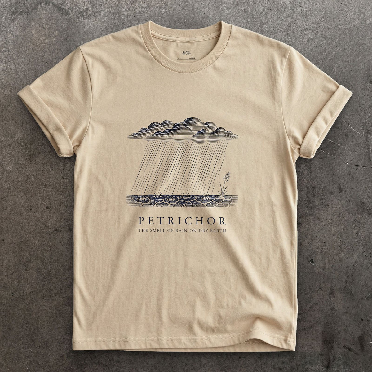 Petrichor, the Smell of Rain on Dry Earth design on a Sand Gildan Softstyle t-shirt