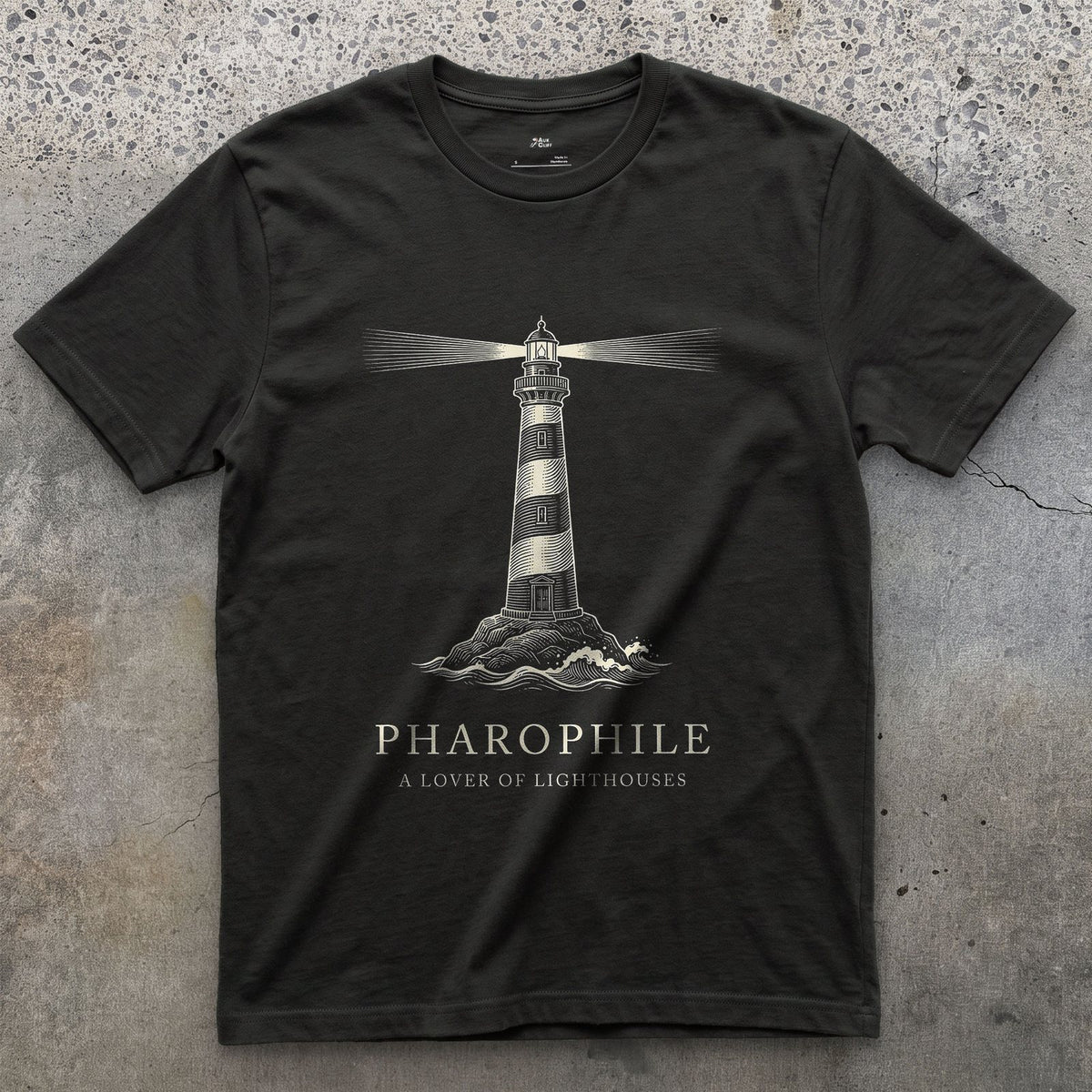 Pharophile design on a Black Gildan Softstyle t-shirt