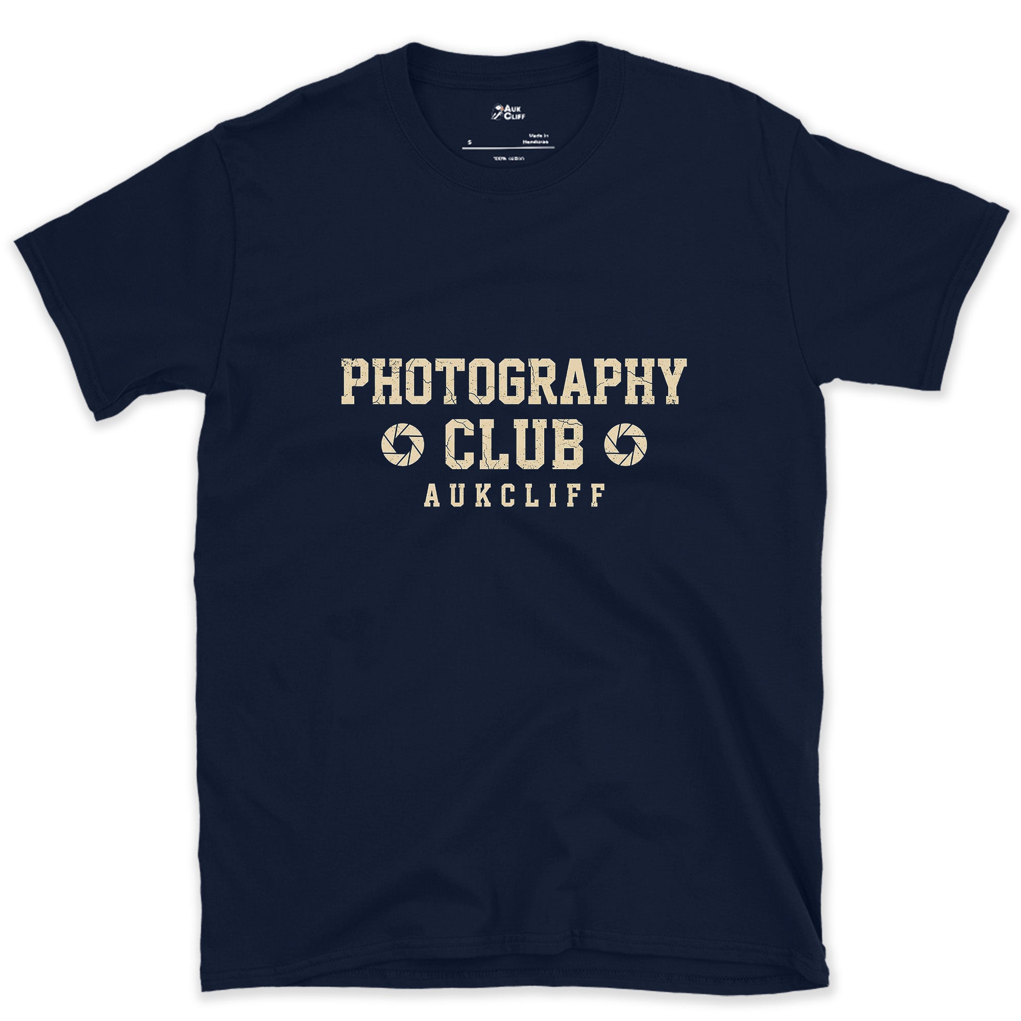 Aperture Blades, Photography Club design on a Navy Gildan Softstyle t-shirt