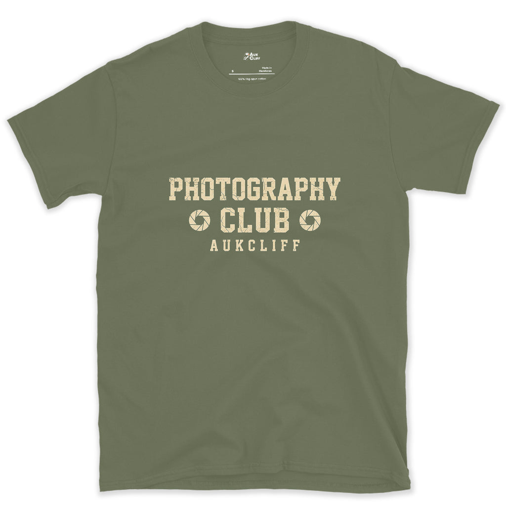 Aperture Blades, Photography Club design on a Military Green Gildan Softstyle t-shirt