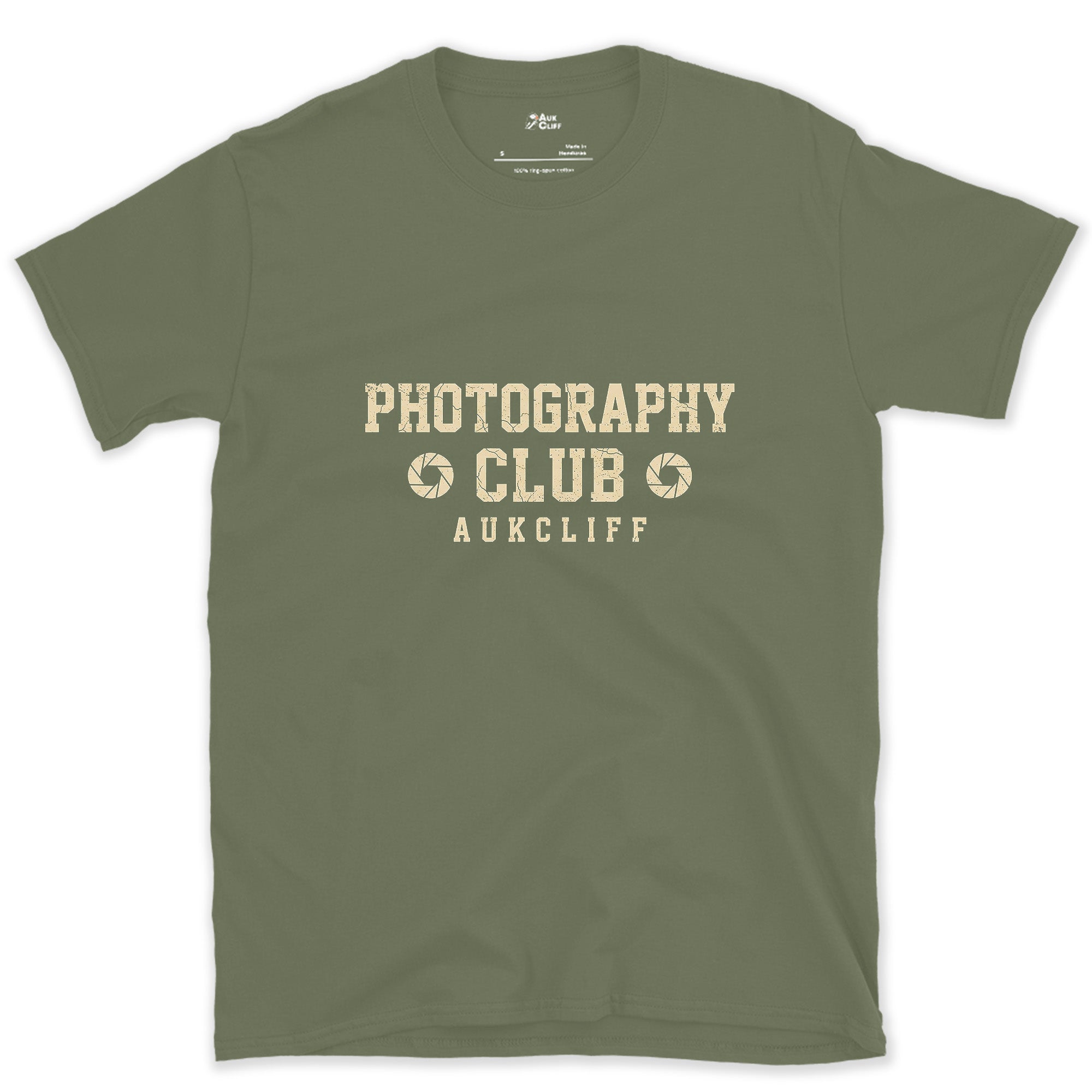 Aperture Blades, Photography Club design on a Military Green Gildan Softstyle t-shirt