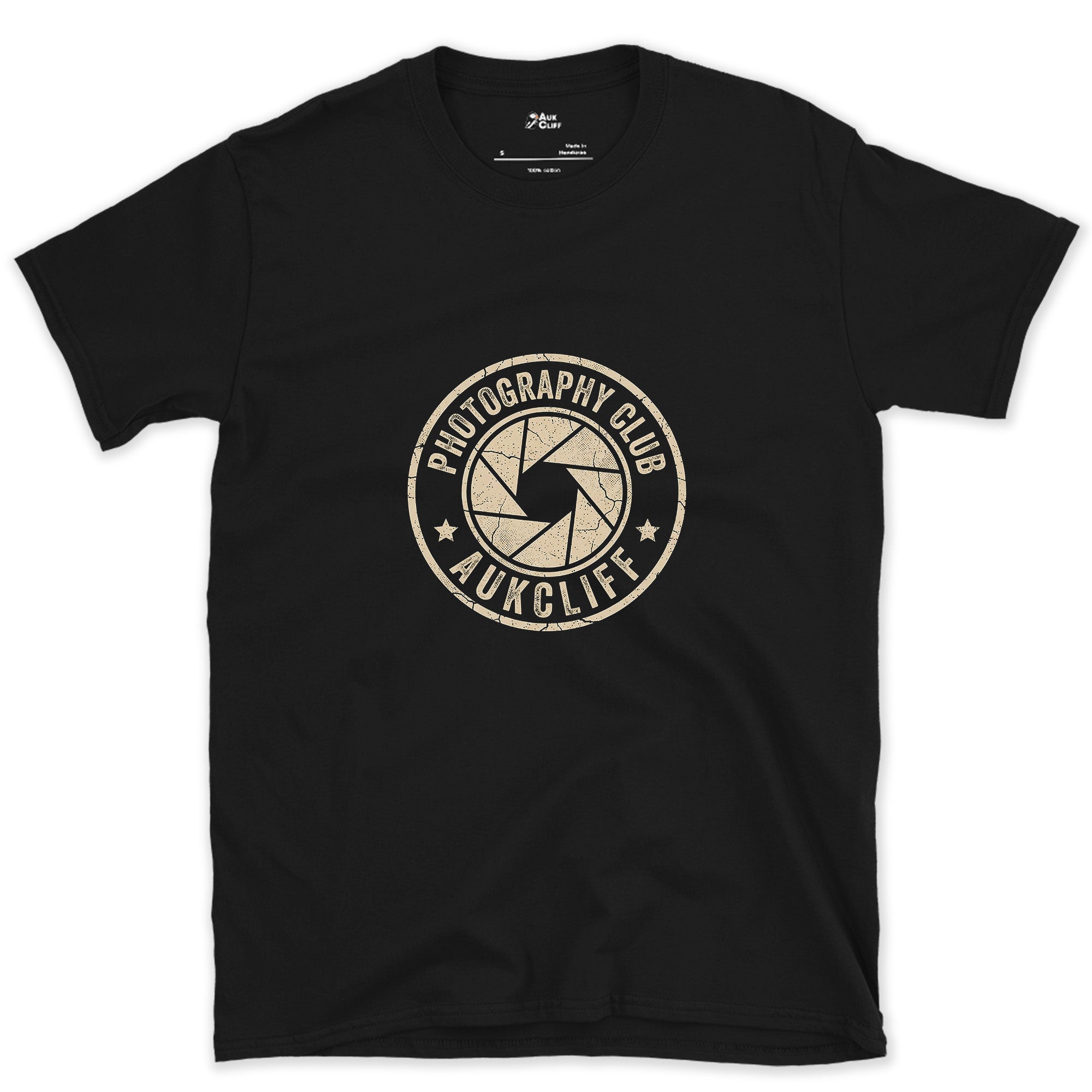 Photography Club Aperture Crest design on a Black Gildan Softstyle t-shirt