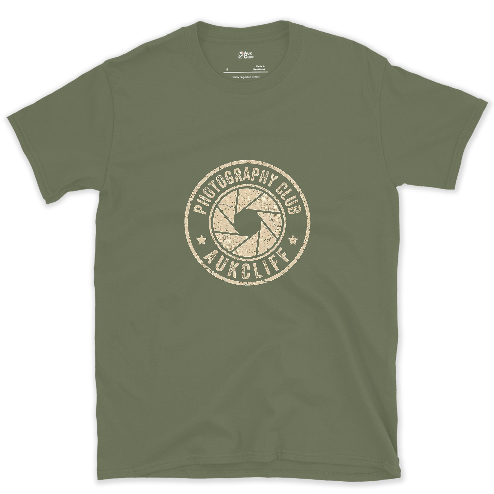 Photography Club Aperture Crest design on a Military Green Gildan Softstyle t-shirt