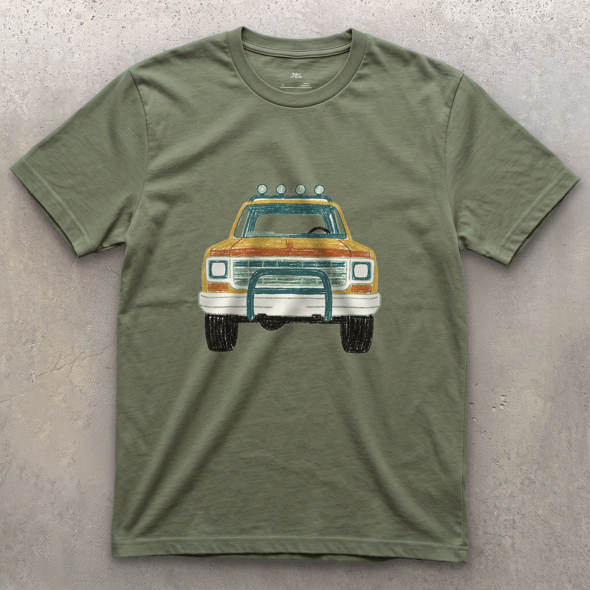 Lights and Bull Bar Facing You Down design on a Military Green Gildan Softstyle t-shirt