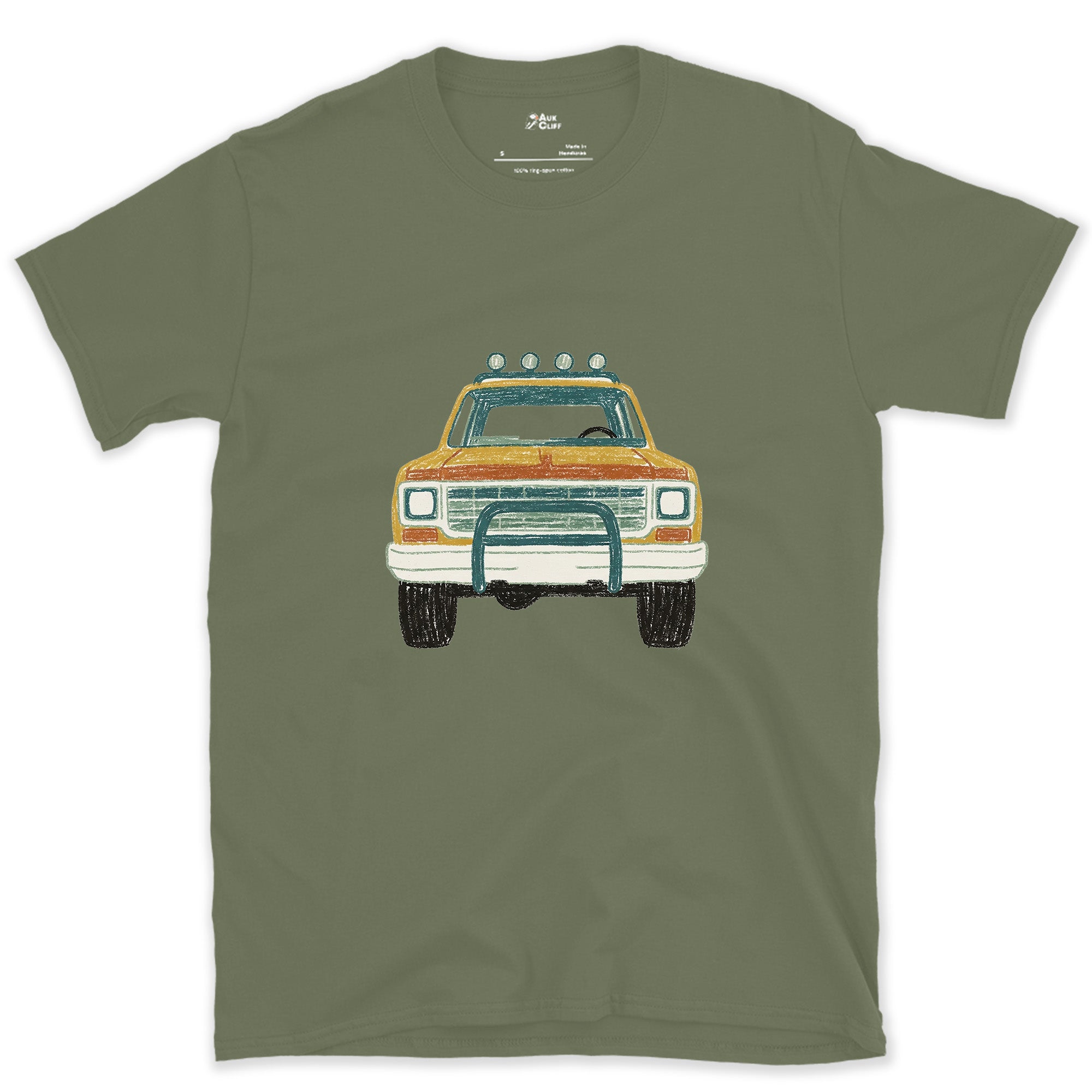Lights and Bull Bar Facing You Down design on a Military Green Gildan Softstyle t-shirt