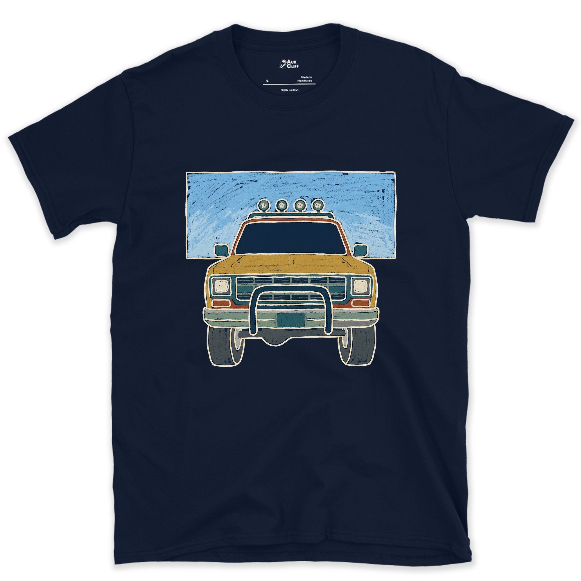 Pickup Facing the Peaks Front and Center design on a Navy Gildan Softstyle t-shirt