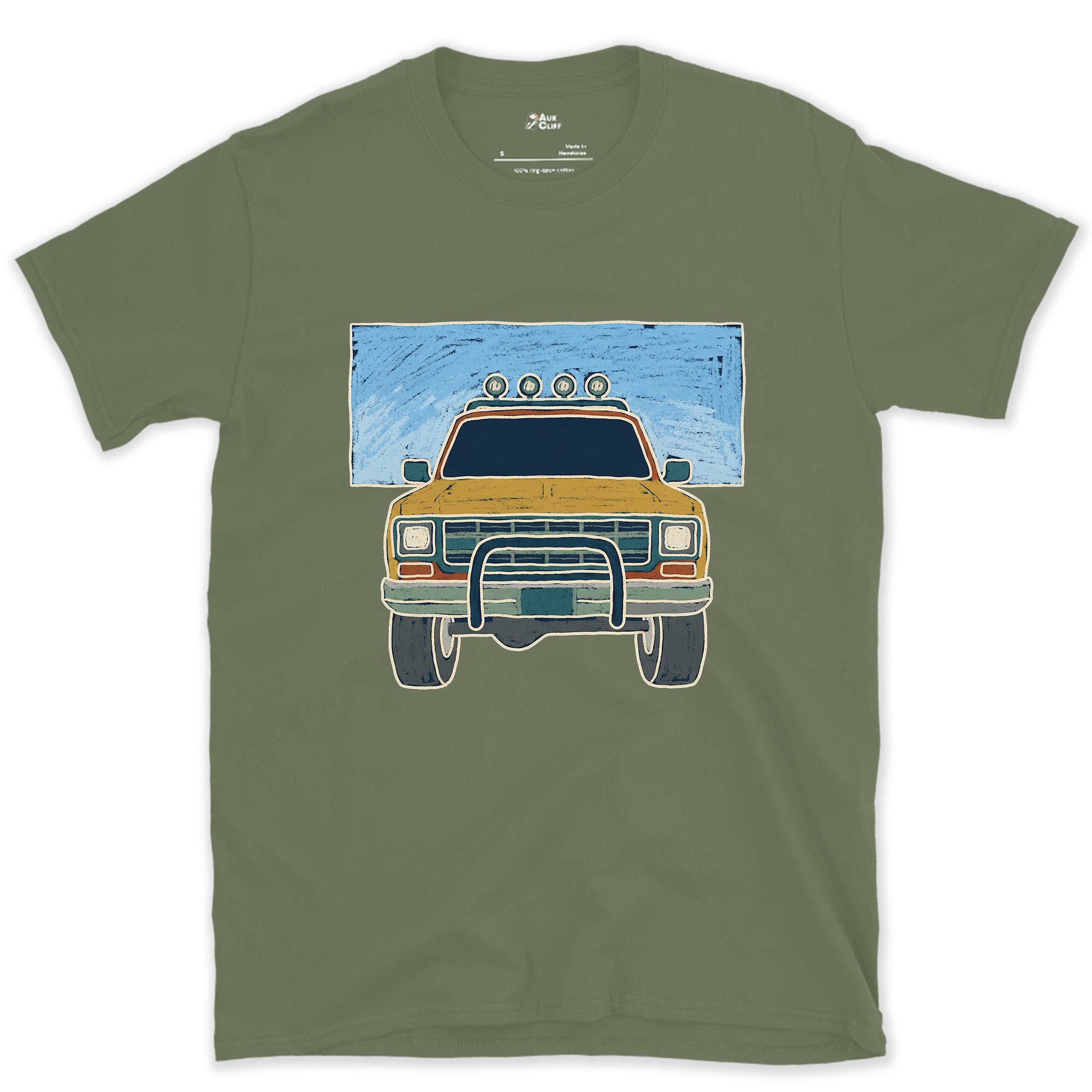 Pickup Facing the Peaks Front and Center design on a Military Green Gildan Softstyle t-shirt