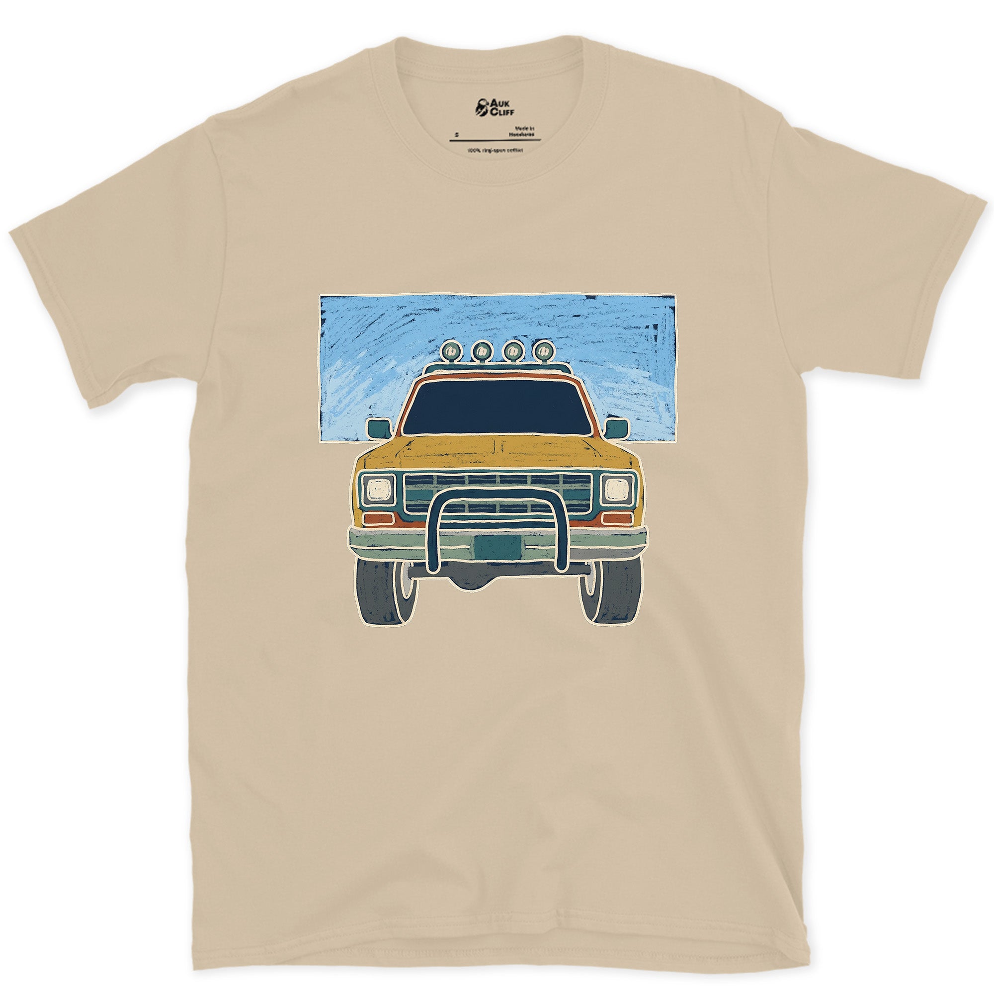 Pickup Facing the Peaks Front and Center design on a Sand Gildan Softstyle t-shirt