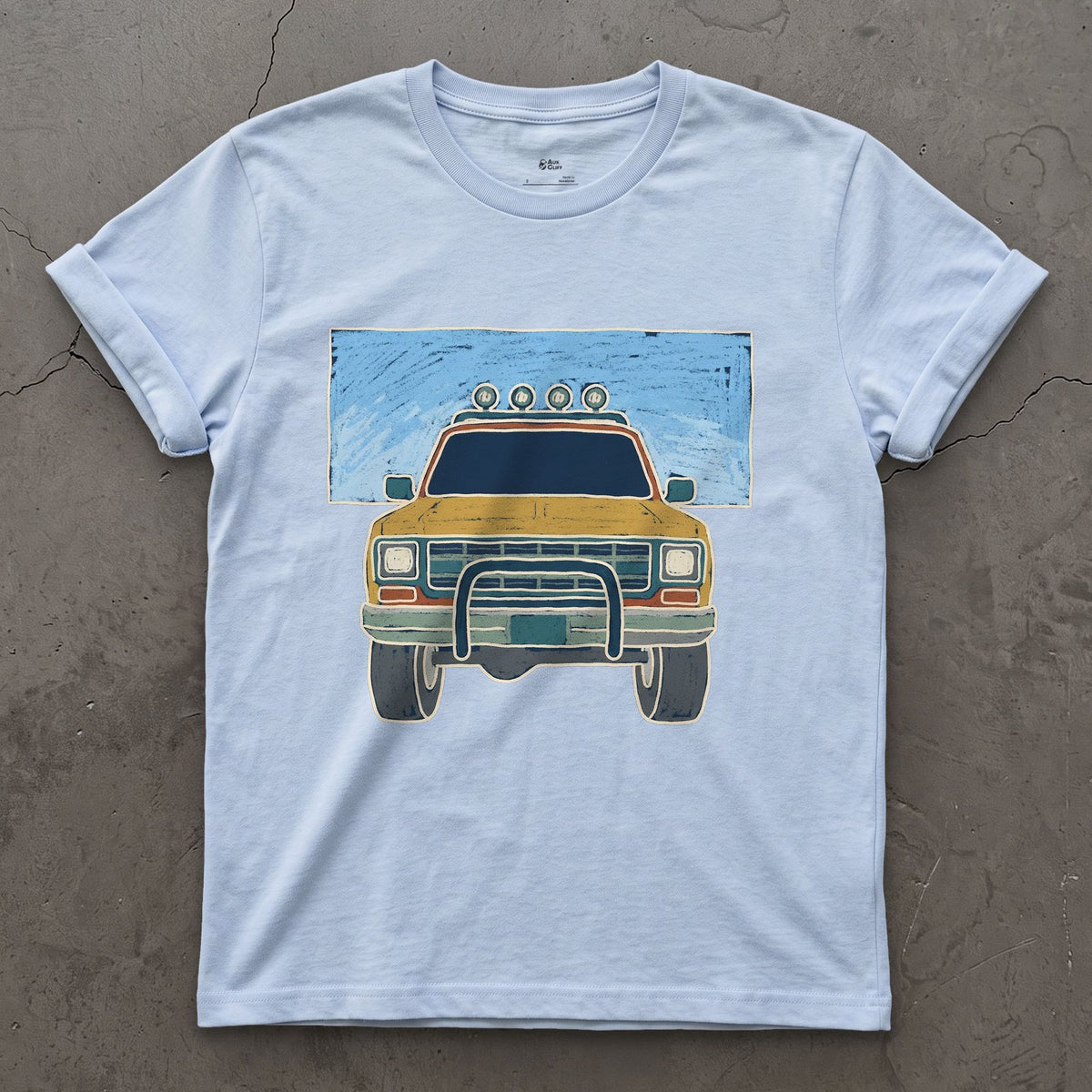Pickup Facing the Peaks Front and Center design on a Light Blue Gildan Softstyle t-shirt