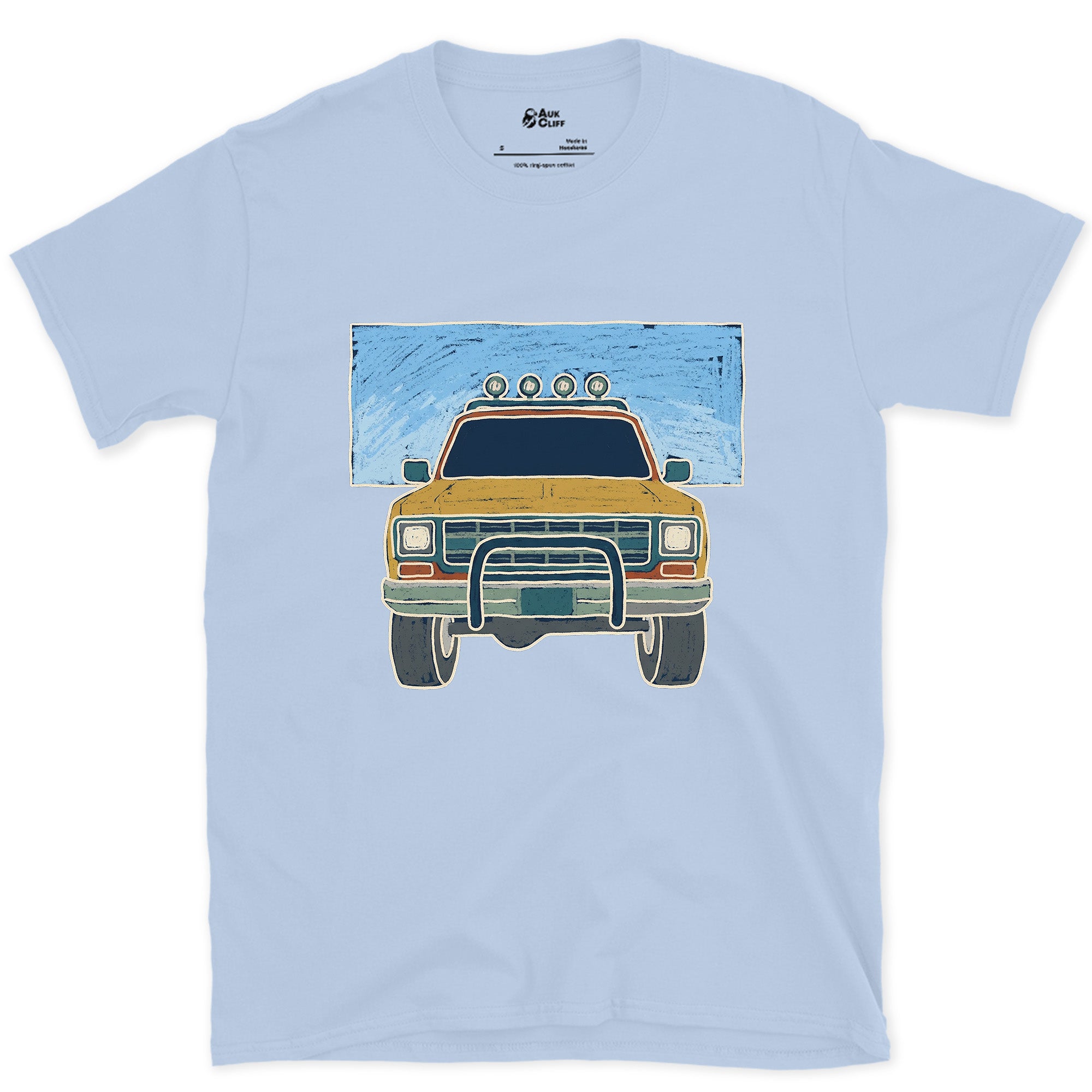 Pickup Facing the Peaks Front and Center design on a Light Blue Gildan Softstyle t-shirt