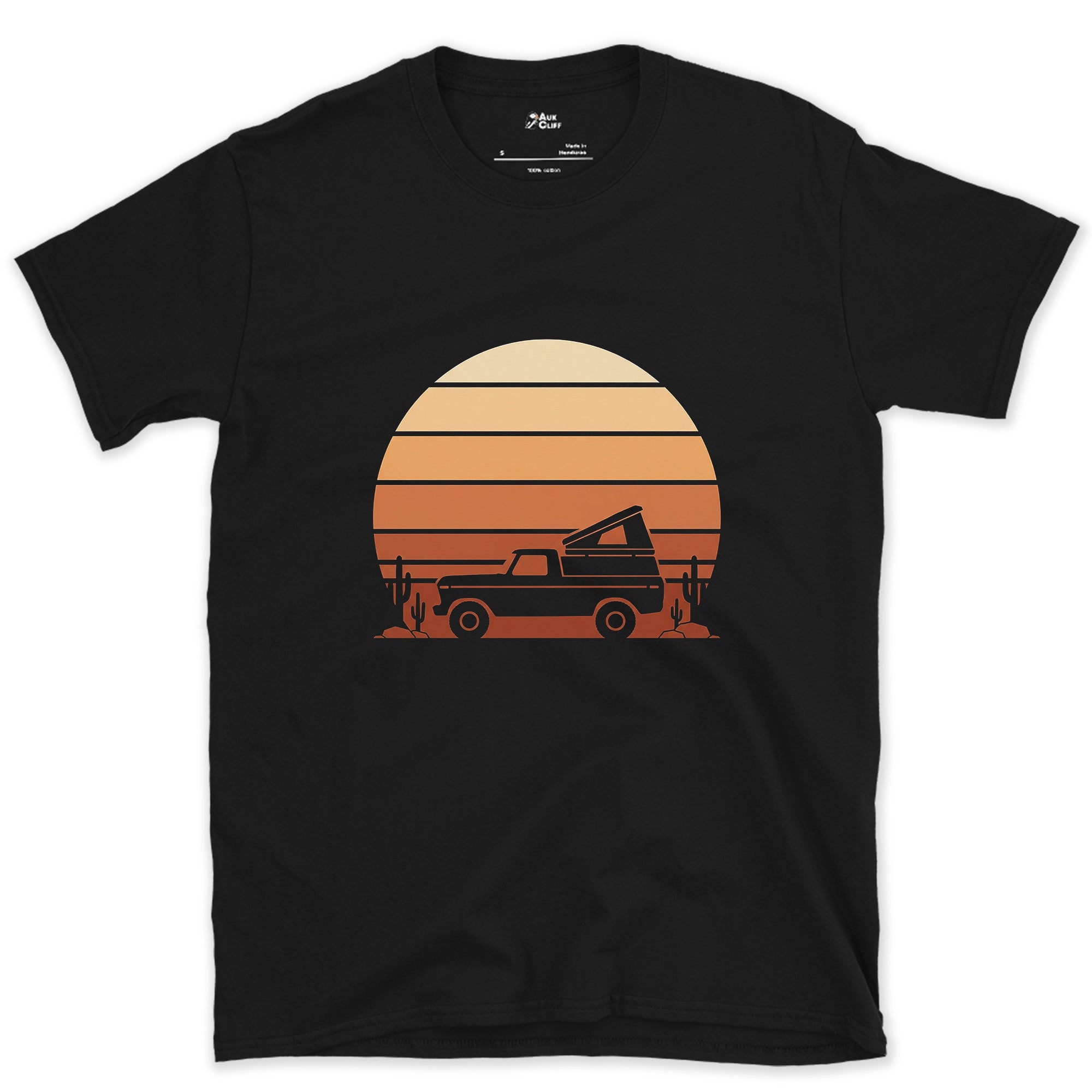 Sunset Filling the Circle Behind the Truck design on a Black Gildan Softstyle t-shirt