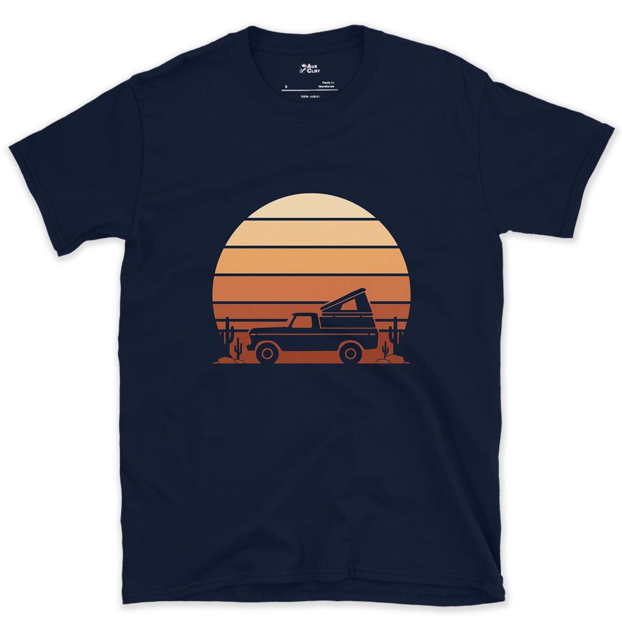 Sunset Filling the Circle Behind the Truck design on a Navy Gildan Softstyle t-shirt