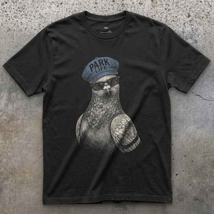 Park Life, Feral Pigeon on the Road design on a Black Gildan Softstyle t-shirt