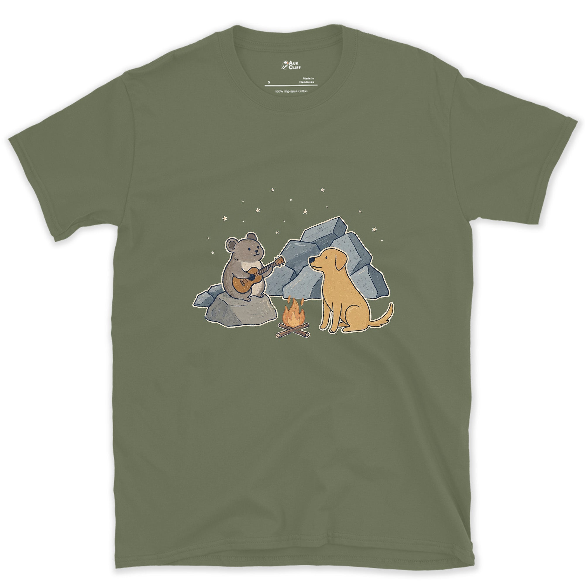 Tiniest Camper, Tiniest Instrument, Pika design on a Military Green Gildan Softstyle t-shirt