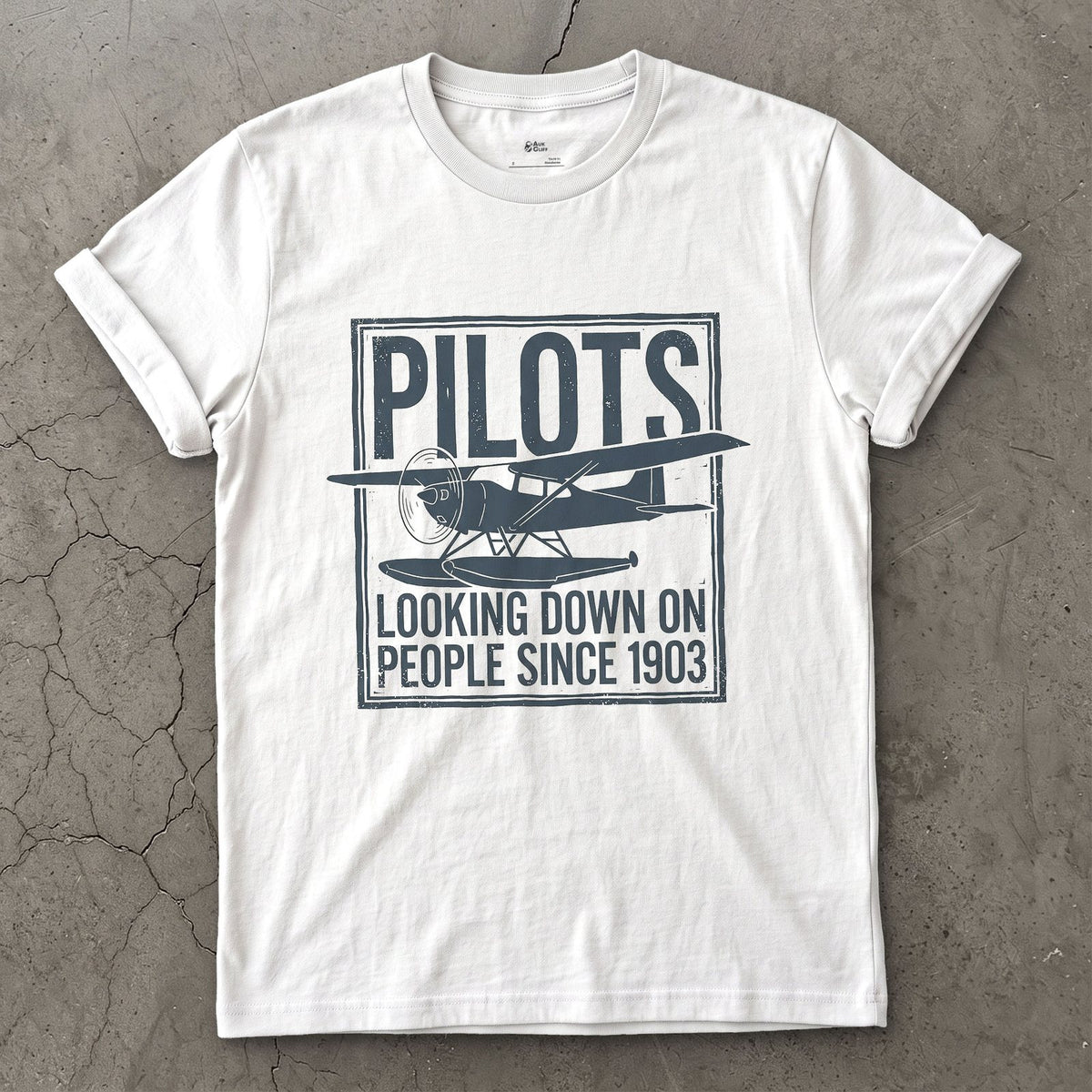 Pilots Looking Down Since 1903 design on a White Gildan Softstyle t-shirt