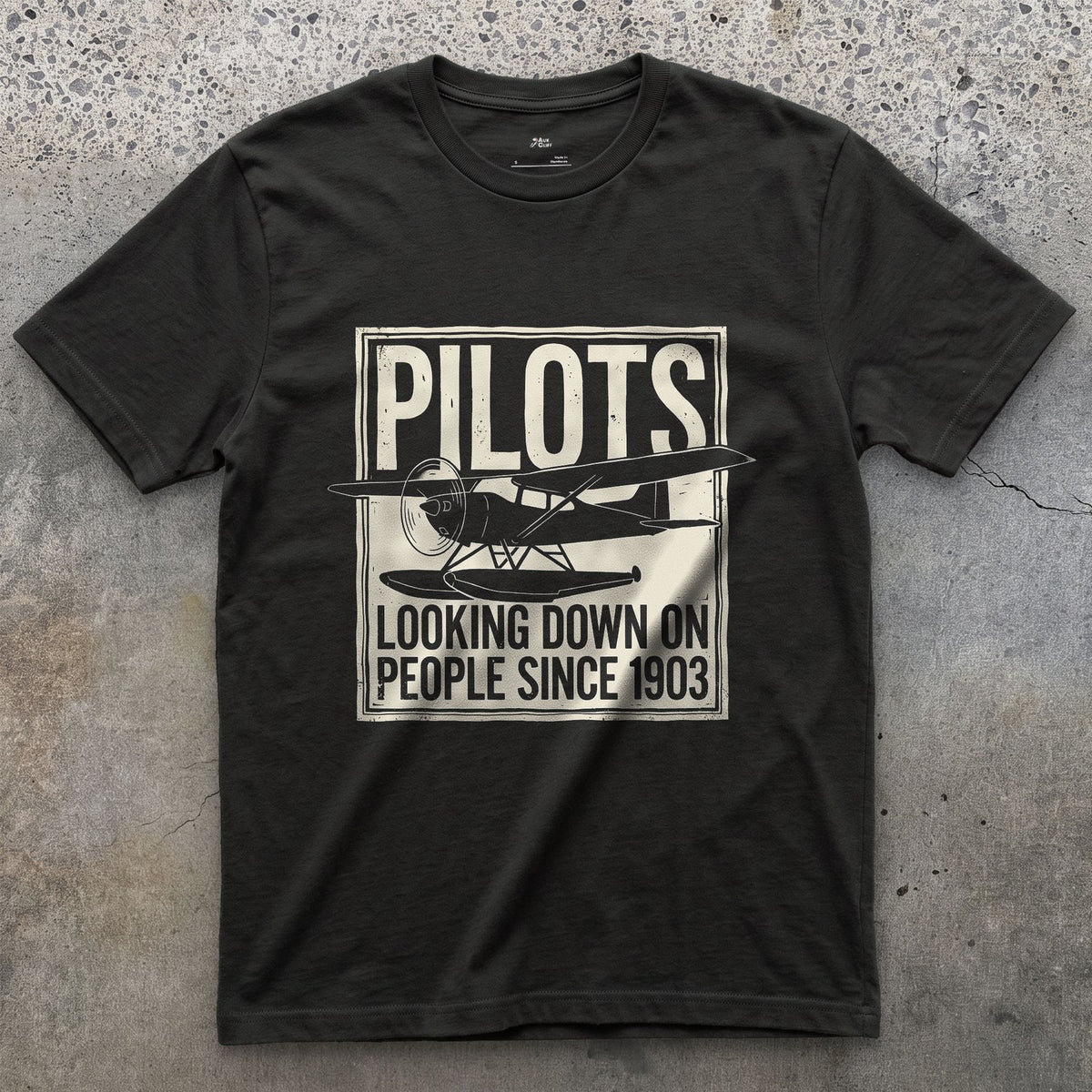 Pilots Looking Down Since 1903 design on a Black Gildan Softstyle t-shirt