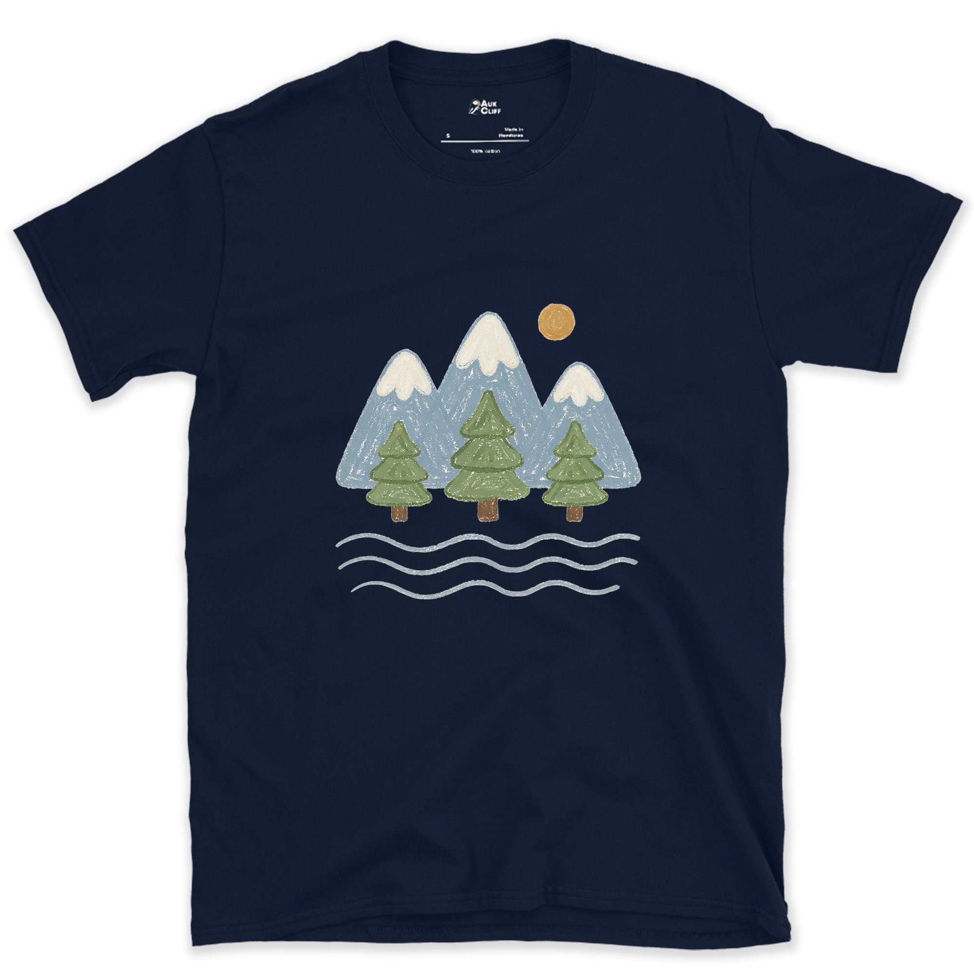 Water Under the Snowline, Light design on a Navy Gildan Softstyle t-shirt