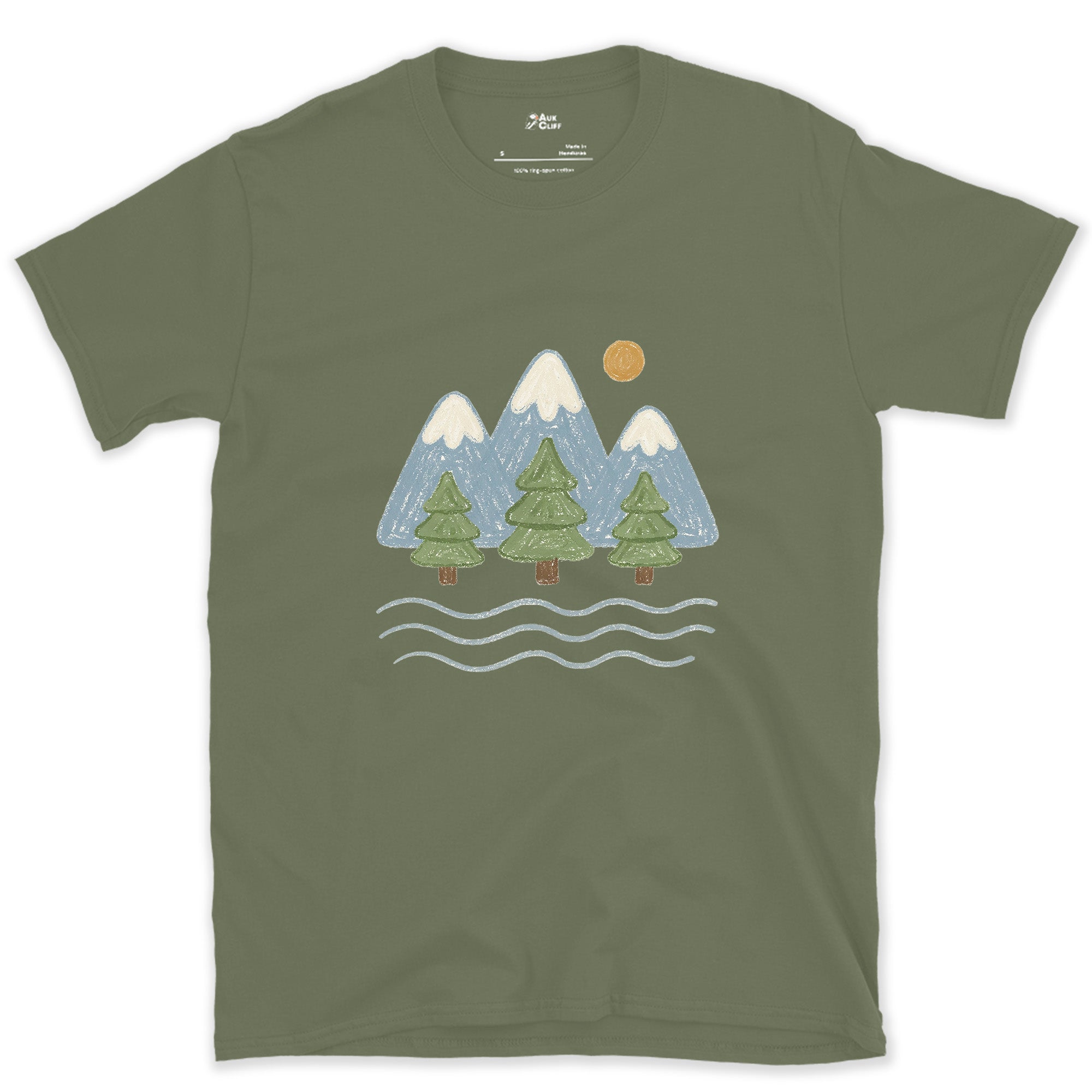 Water Under the Snowline, Light design on a Military Green Gildan Softstyle t-shirt