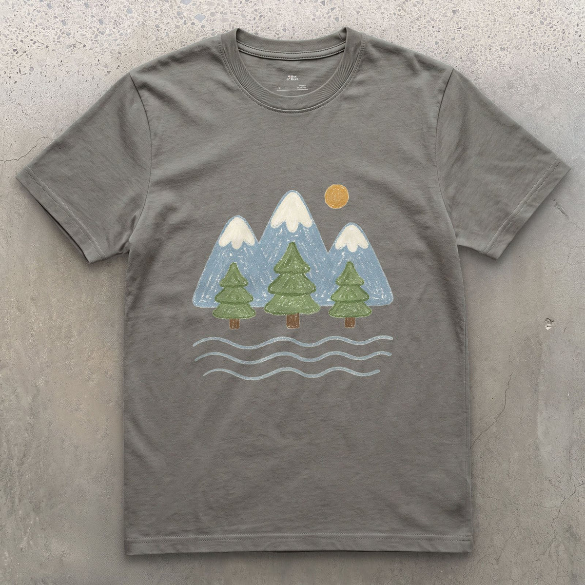 Water Under the Snowline, Light design on a Charcoal Gildan Softstyle t-shirt