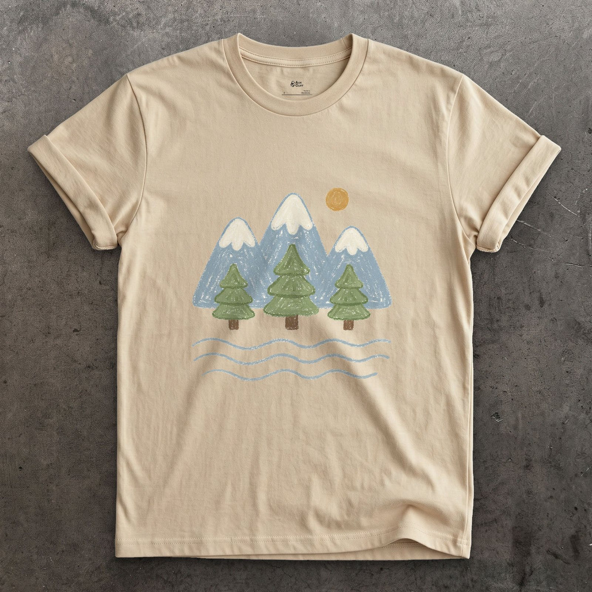 Water Under the Snowline, Light design on a Sand Gildan Softstyle t-shirt