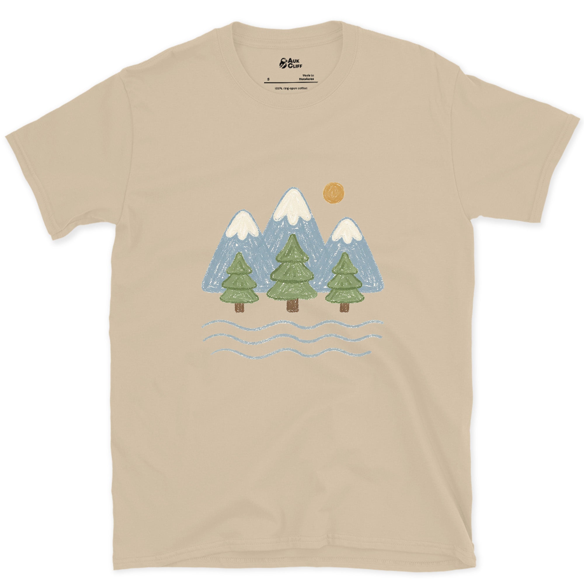 Water Under the Snowline, Light design on a Sand Gildan Softstyle t-shirt
