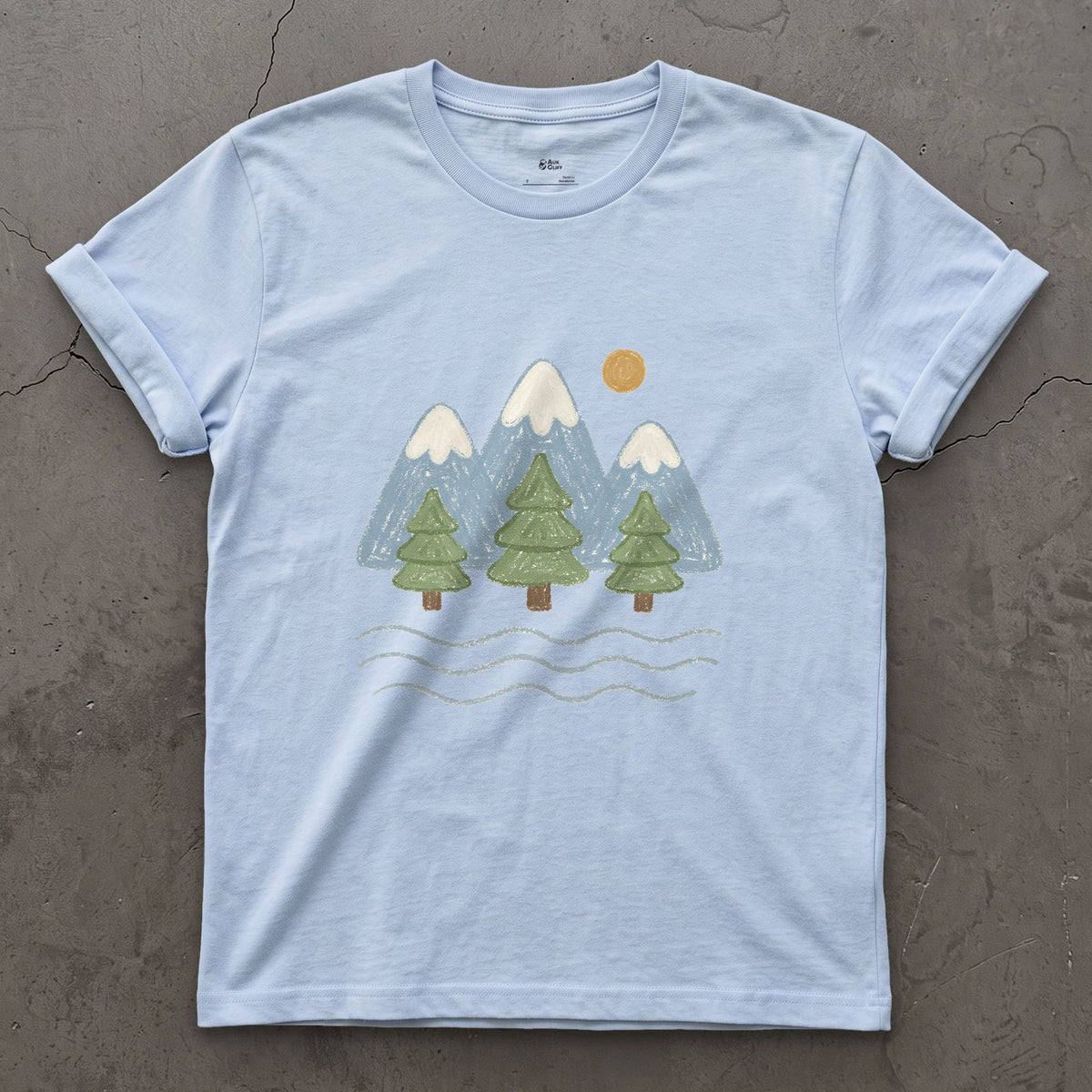 Water Under the Snowline, Light design on a Light Blue Gildan Softstyle t-shirt