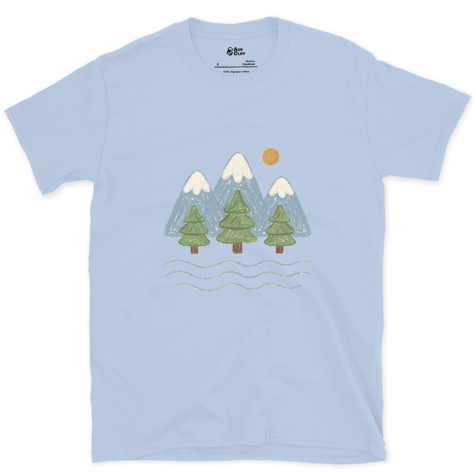 Water Under the Snowline, Light design on a Light Blue Gildan Softstyle t-shirt