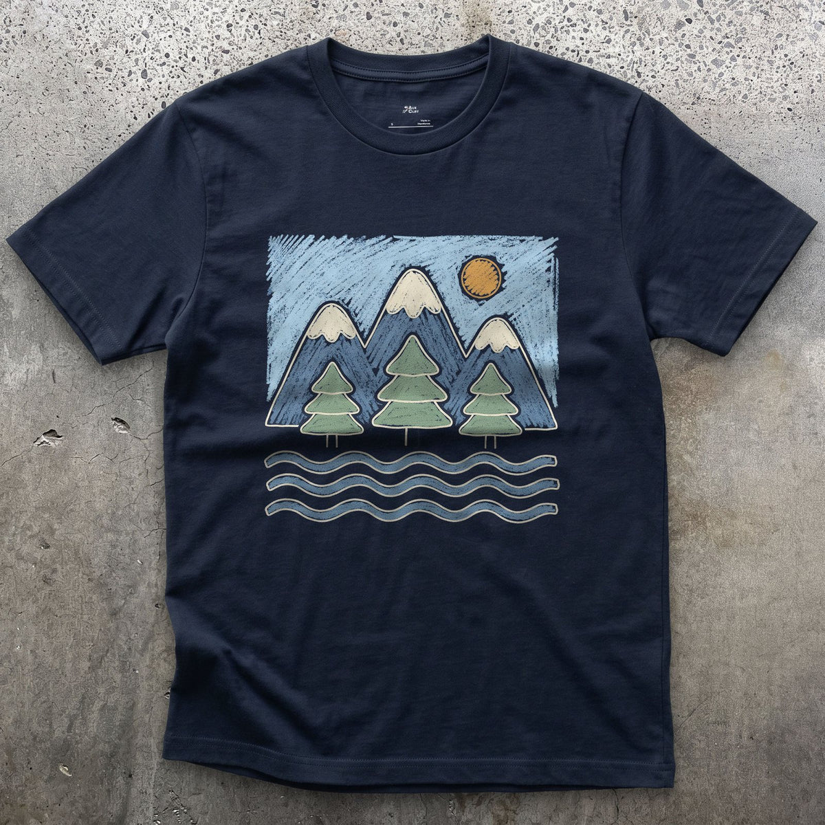 Water Under the Snowline, Dark design on a Navy Gildan Softstyle t-shirt