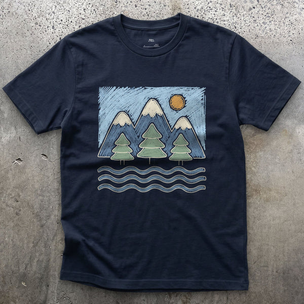 Water Under the Snowline, Dark design on a Navy Gildan Softstyle t-shirt