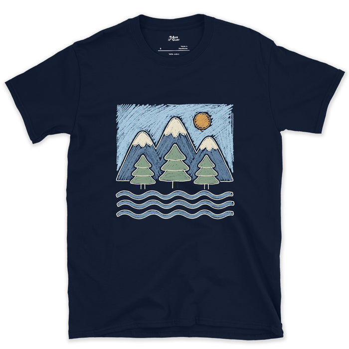 Water Under the Snowline, Dark design on a Navy Gildan Softstyle t-shirt